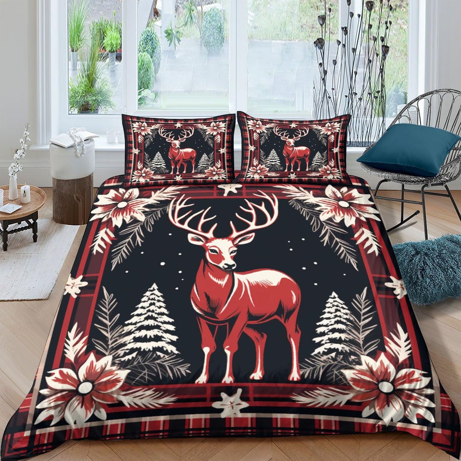 Housse de couette cerf patchwork 3D parure de lit fermeture éclair