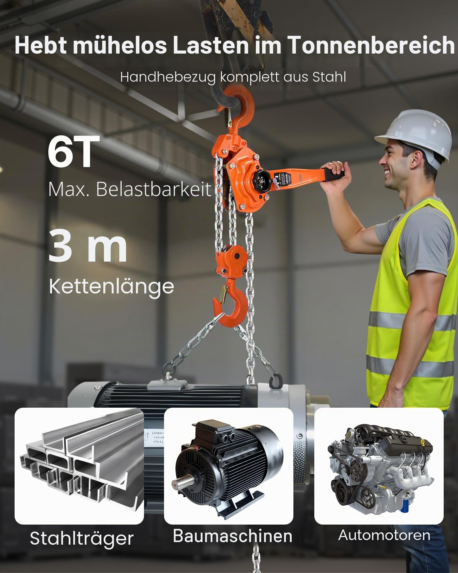 VEVOR Hebelzug, 6 T Kapazität, Handkettenzug, 3 m Hub, Hebezug G80-Legierungsstahlkette mit mechanischer Doppelsperrklinkenbremse, Ratschenzug 360° drehbare Haken, für Lagerhausbau, Garage