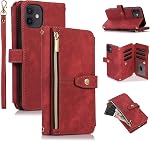 UEEBAI Wallet Case for iPhone 11, Retro 9 Card Holder Slots Zipper Pocket Case PU Leather Magnetic Closure Kickstand with Wrist Strap TPU Shockproof Flip Cover - Brown