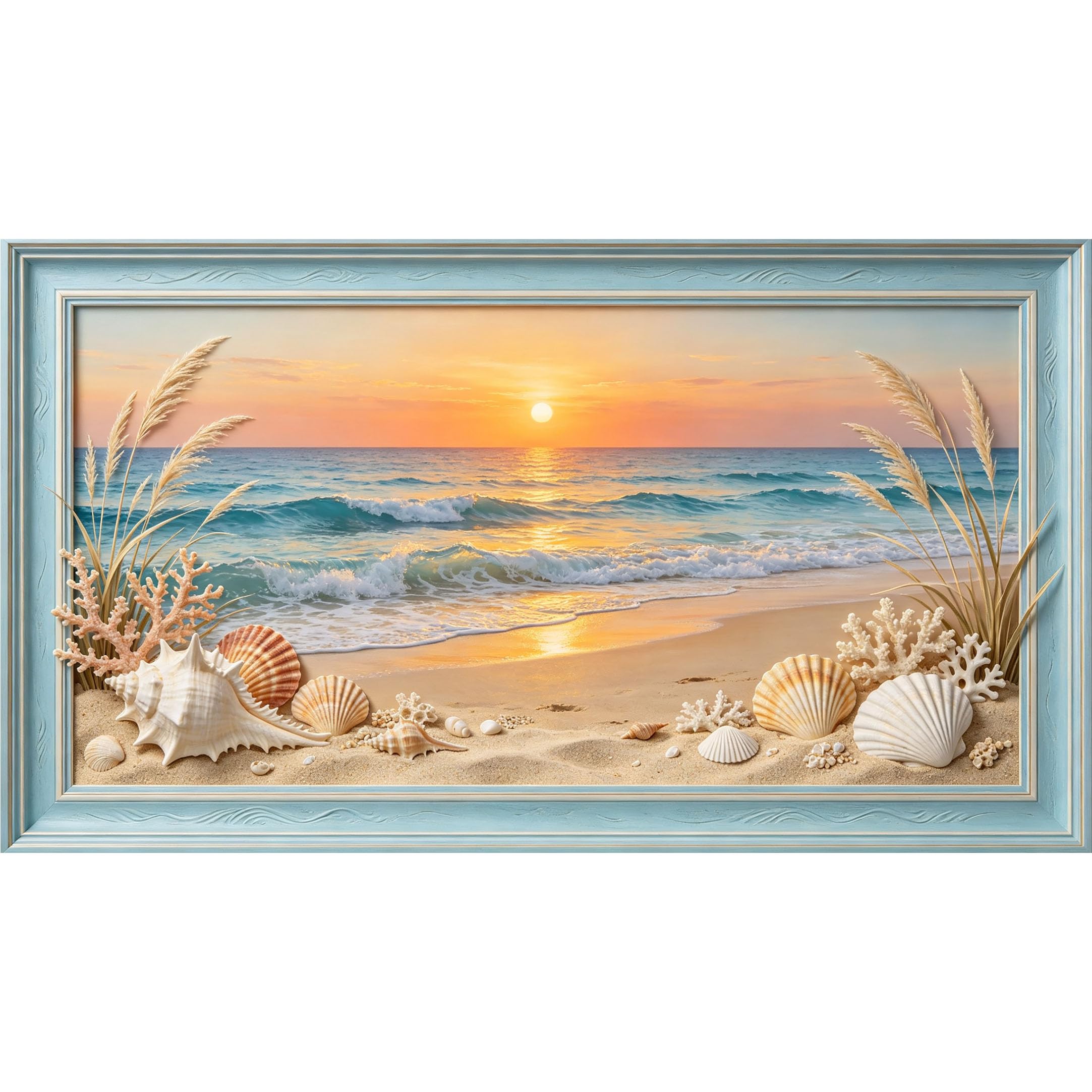 QZLITHOTIC 50×100cm 3D Framed Wall Art， Coastal Ocean Sunset Seashell Beach Self?Adhesive Mural， Water?Activated Peel & Stick Fabric Decor Wall Decal for Bedroom Living Room