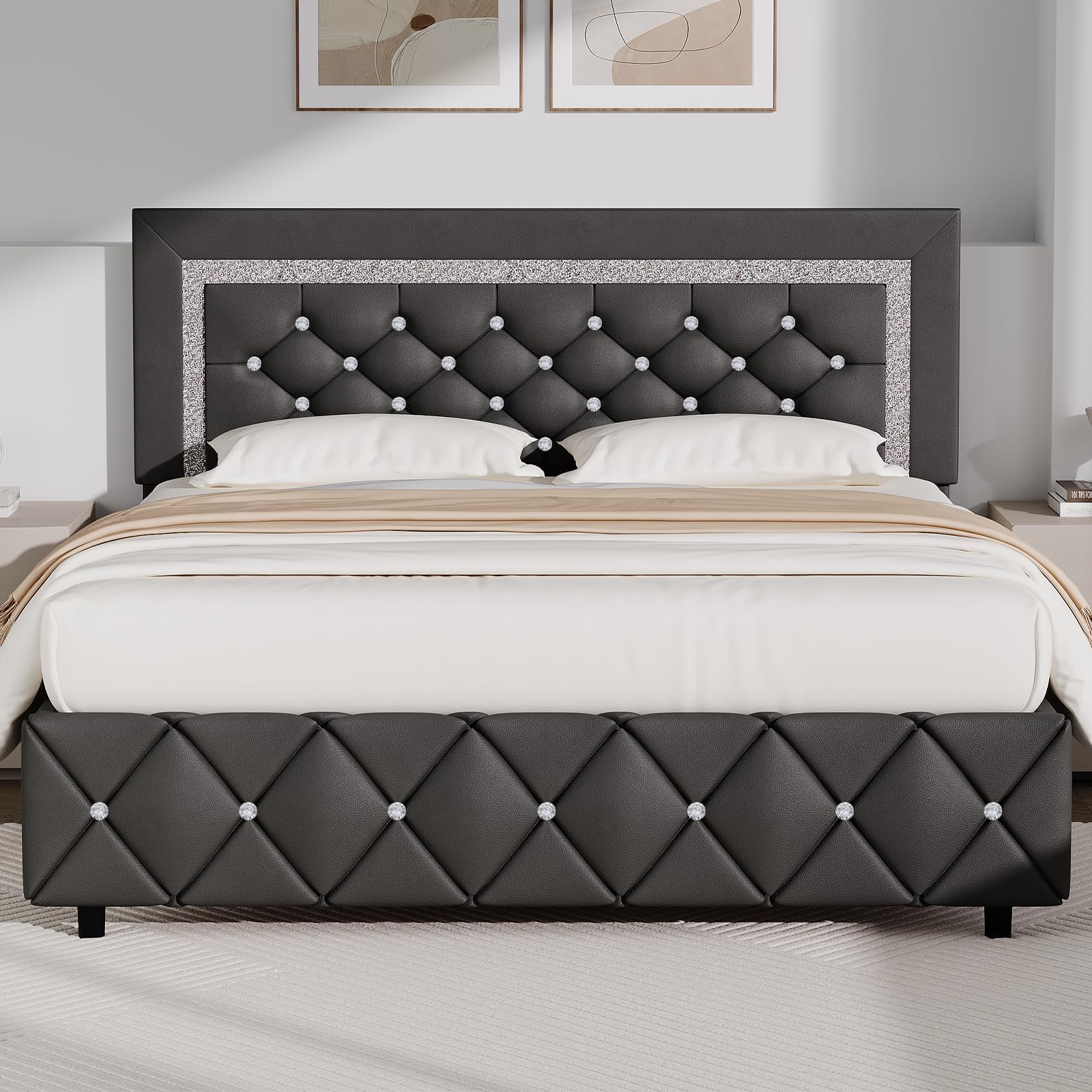 BarnFurin Queen Bed Frame with Diamond Tufted Headboard, Grey