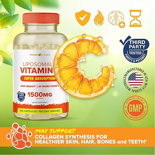 Miniatura 4 de Cápsulas liposomales de vitamina C de 1500 mg tamponadas de alta absorción VIT C, refuerzo del sistema inmunológico y colágeno, 1500 mg de alta