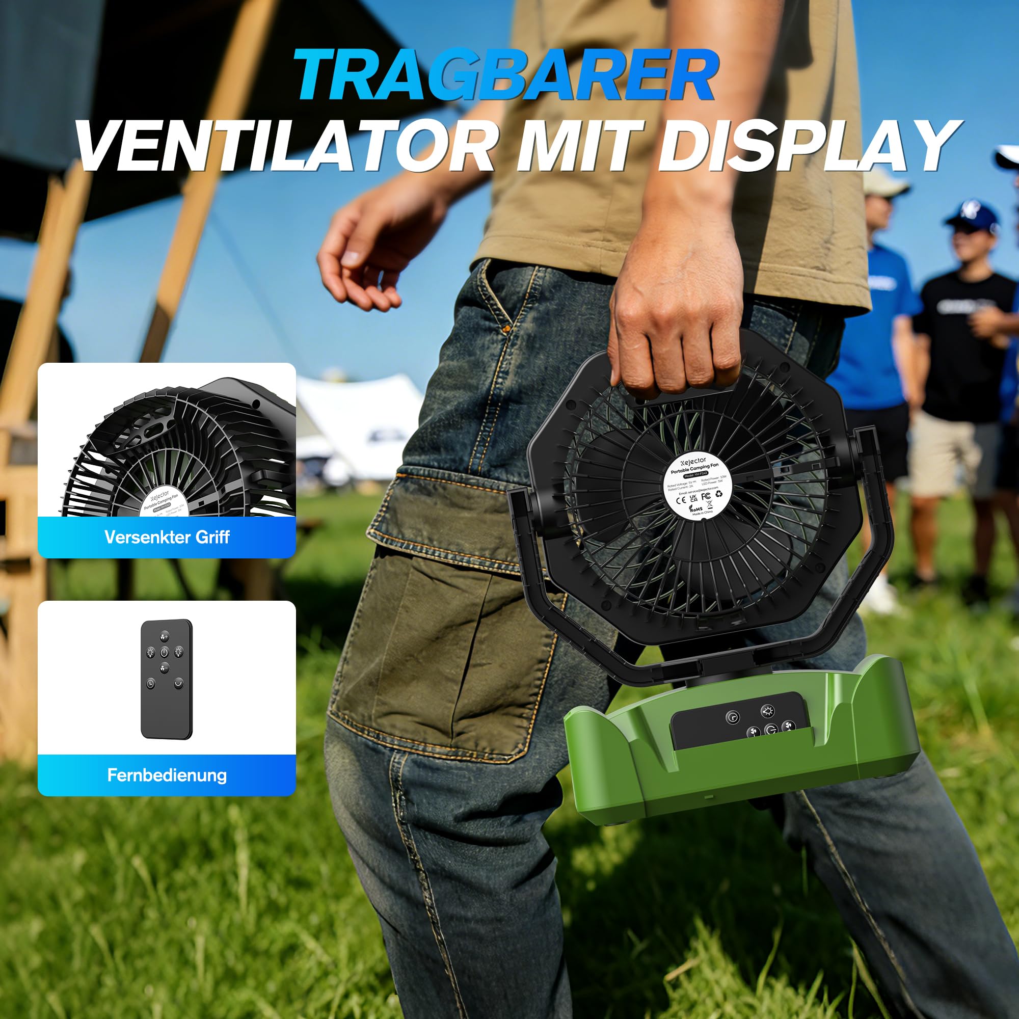 Kejector Akku Ventilator Camping 24000mAh USB Ventilator mit Licht Digitalanzeige Tischventilator mit Fernbedienung Tragbarer Camping Zubehör 6 Geschwindigkeitsstufen Für Zelt Outdoor Zuhause Terrasse