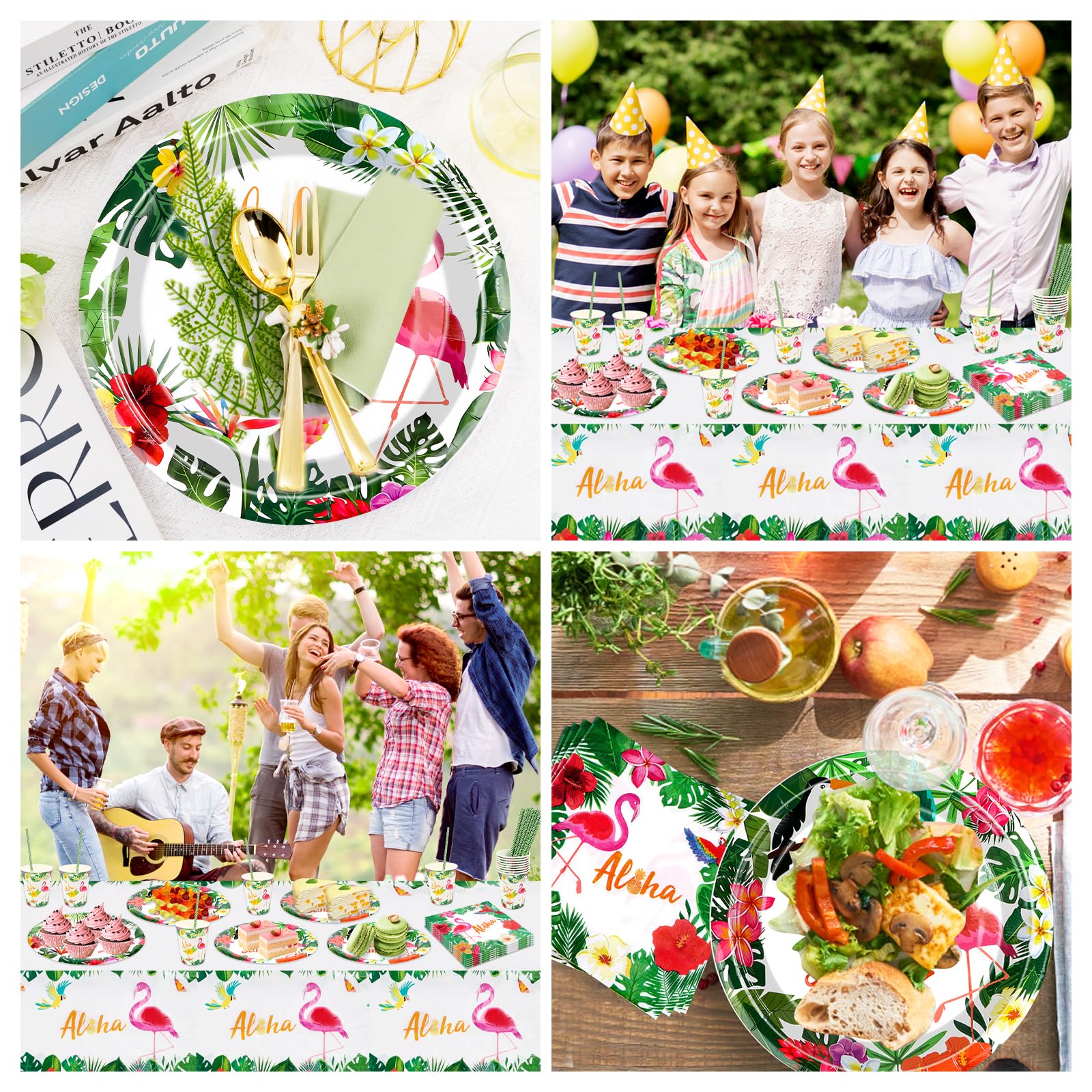 Flamingo, set di stoviglie per feste, decorazione per compleanno, per bambini, con fenicottero, ananas, per vacanze, estate, ragazzi, ragazze, feste, 16 ospiti