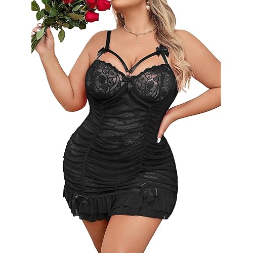 SHENHE Women's Plus Size Lace Trim Babydolls Ruched Sleepwear Underwire Low Rise Bow Lingerie