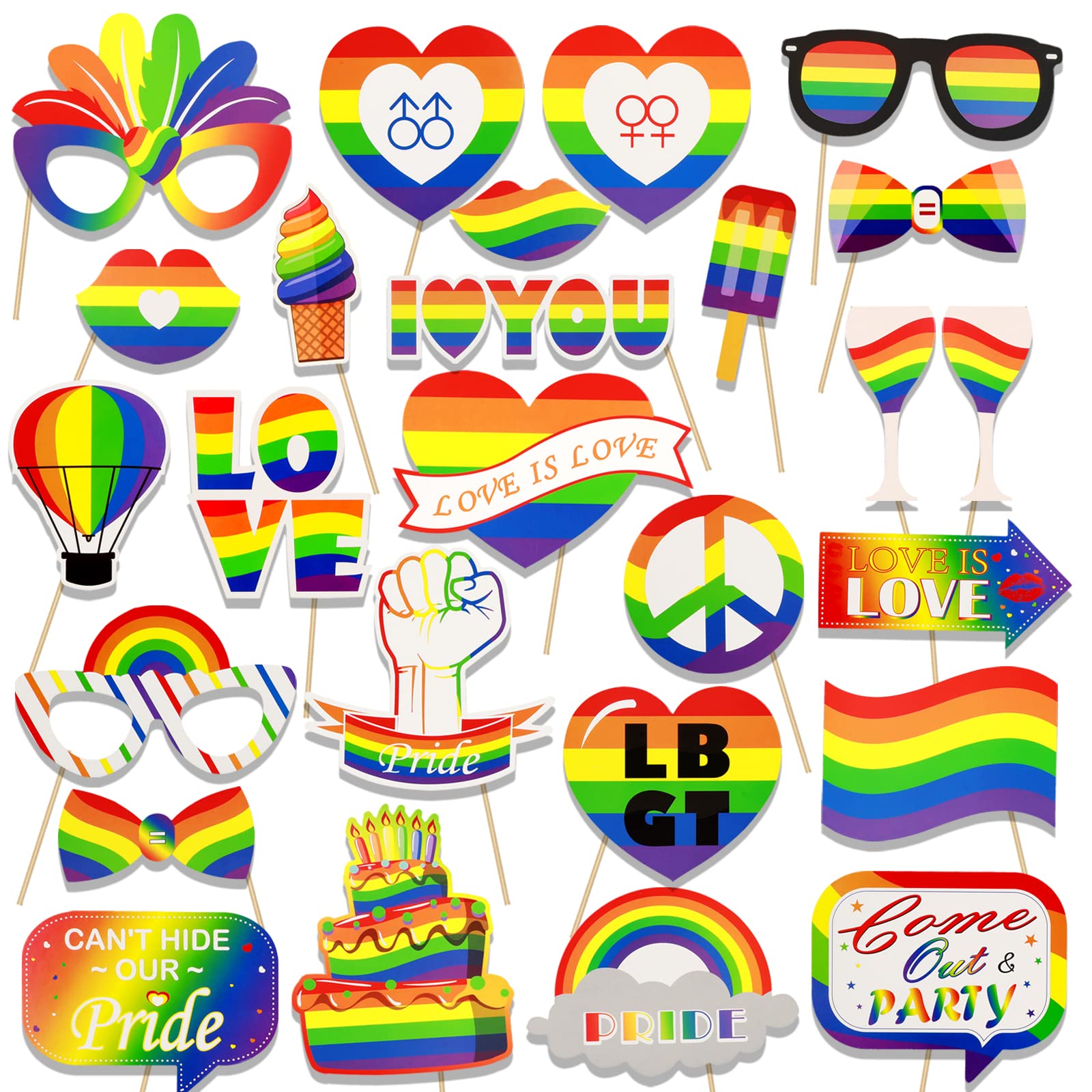 HOWAF Gay Pride Photo Booth Props, LGBTQ Rainbow Party Photo Booth Props Kit for Pride Day Celebration Women Men Selfie Decor, Love is Love Paper