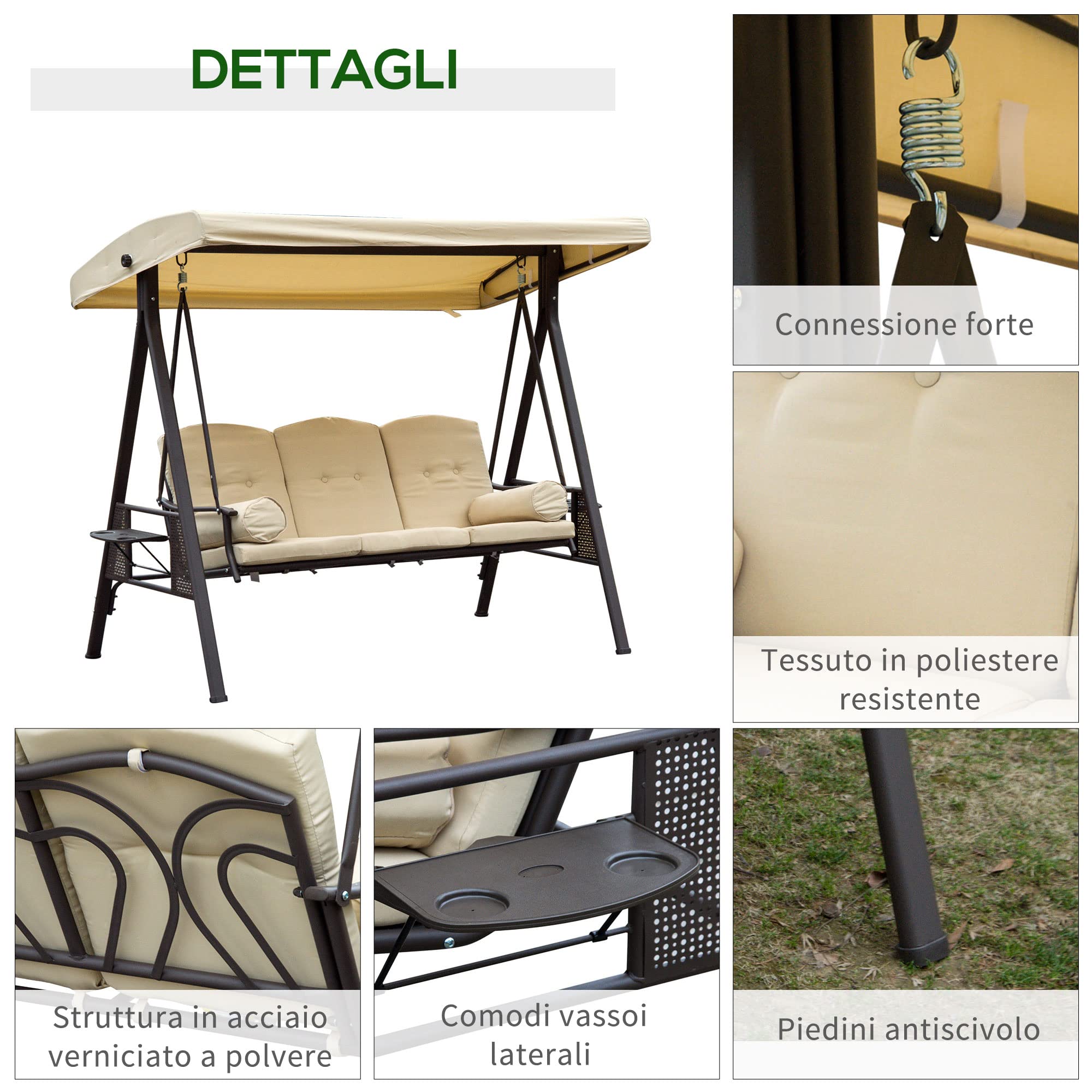 Outsunny Dondolo da Giardino 3 Posti in Metallo con Tetto Inclinabile e Cuscini Imbottiti 280x120x172cm, Beige