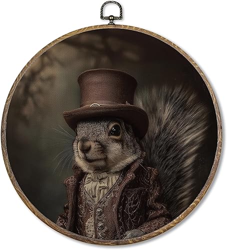 FUGWN Arte de pared redondo de ardilla vintage enmarcado, impresiones de lienzo de ardilla oscura de la academia, decoración retro rústica de