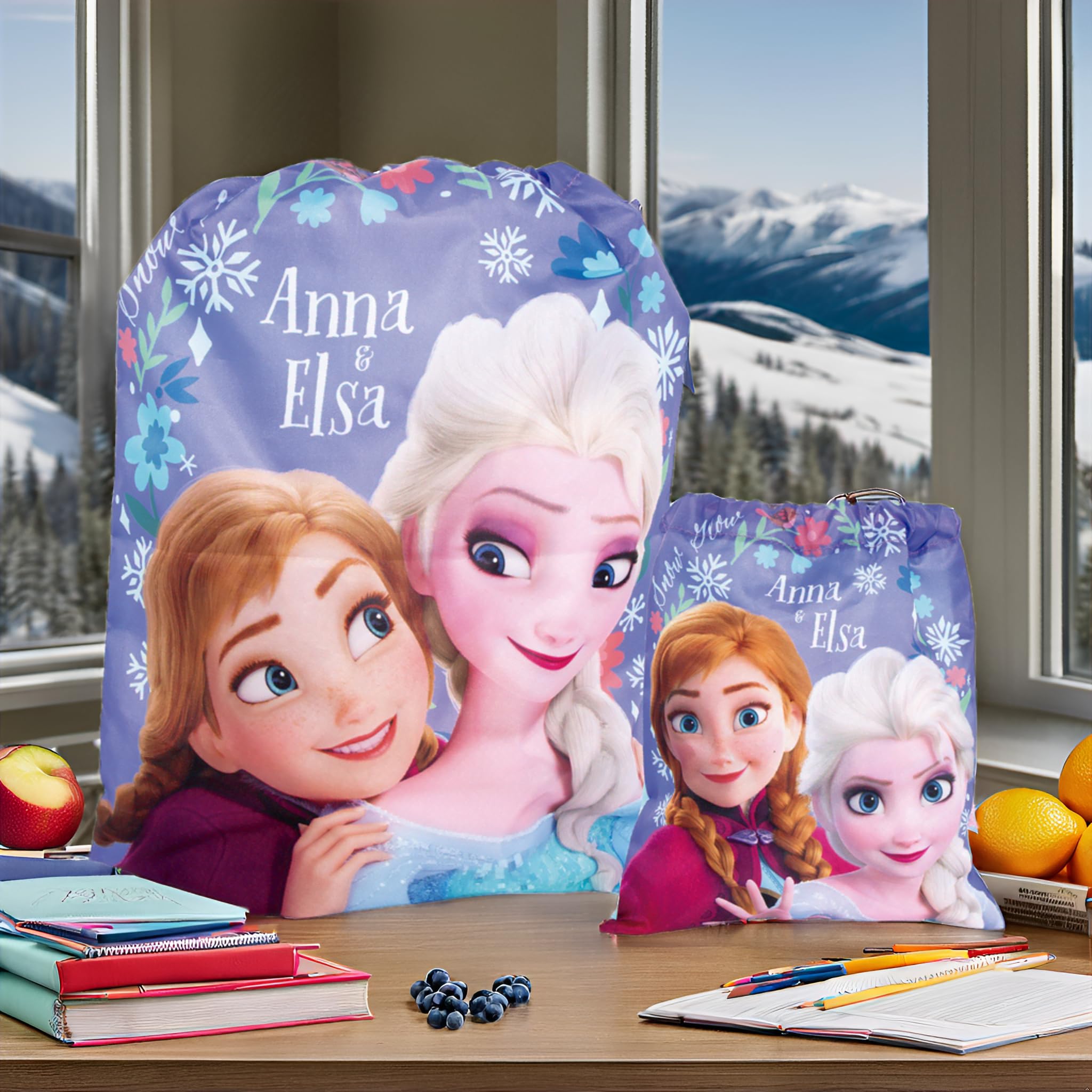 Superdiver Set di zaino sacca con cordoncini e borsa merenda Elsa e Anna Licenza Ufficiale Disney Frozen - Ideale per scuola e asilo - Accessorio moda bambina - Blu - 44x33 e 26x21 cm