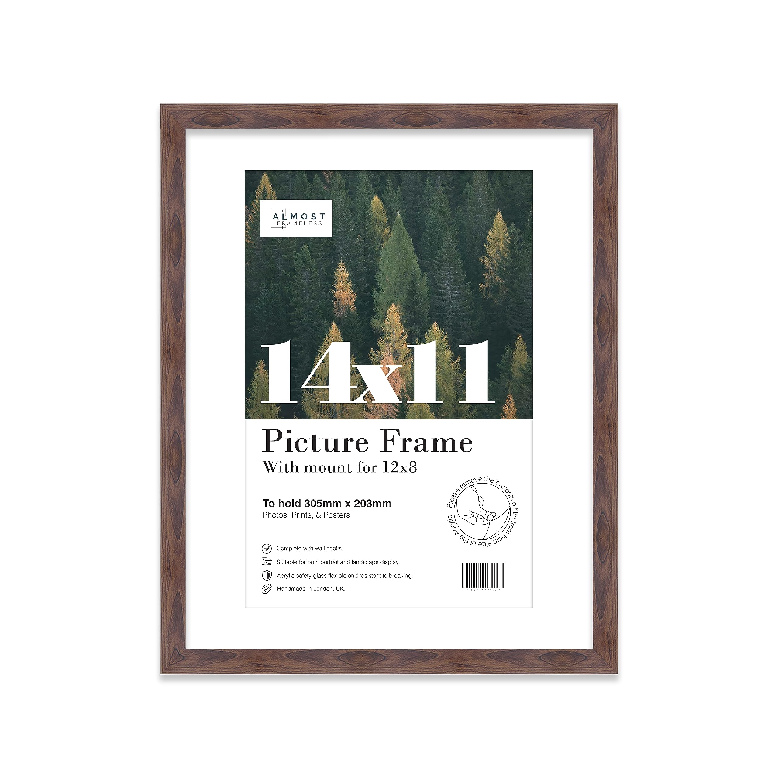 Almost Frameless 14x11 Walnut Picture Frame With Mount for 12x8 Print, Poster or Photo Poster, Photo, Artwork, or Print. Thin Edge Slim Frame Portrait and Landscape Display with Wall Hooks โ image 1