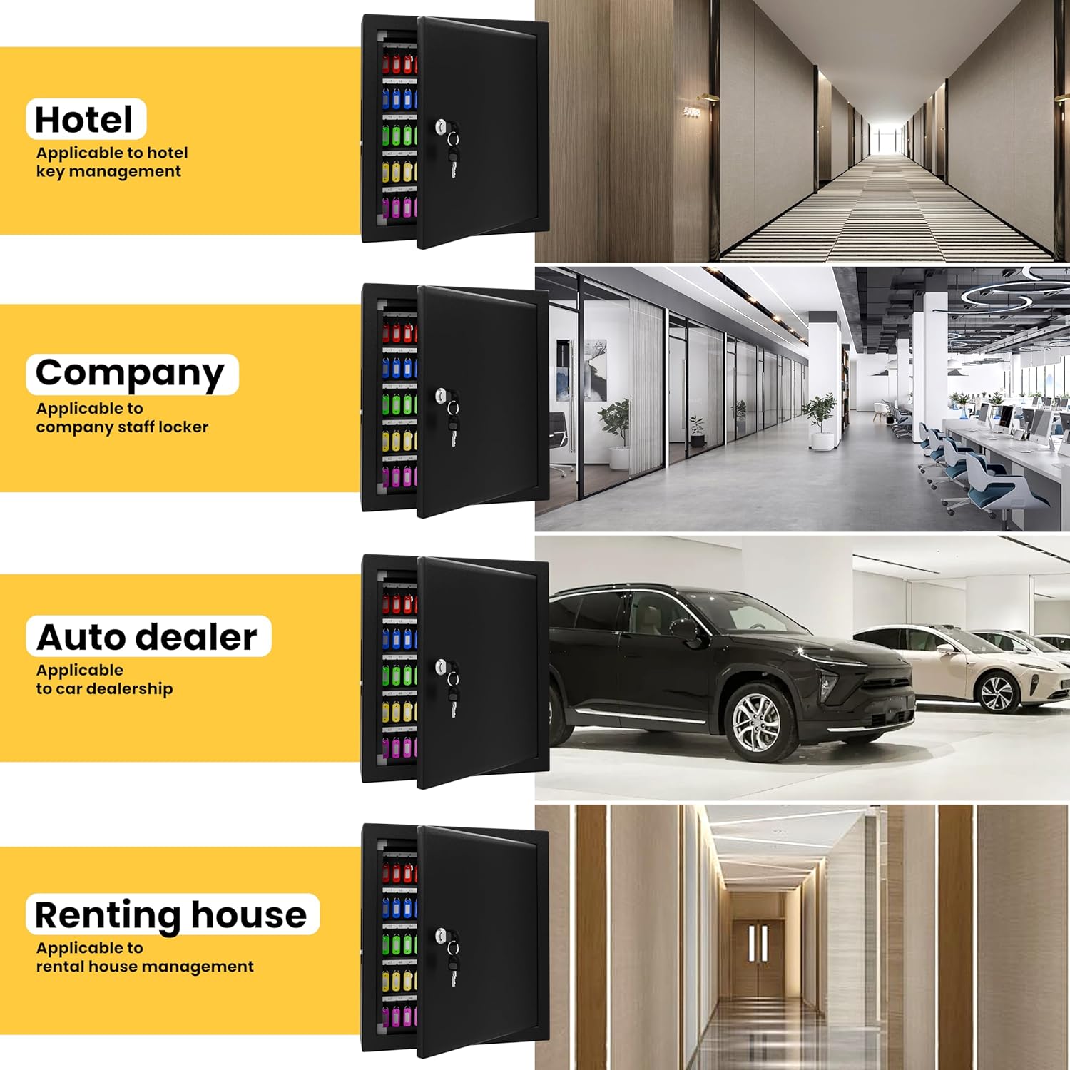 Contents included with the XDeer Key Box Wall Mount: the key box, colorful key tags, keys for the lock, and wall mounting accessories.