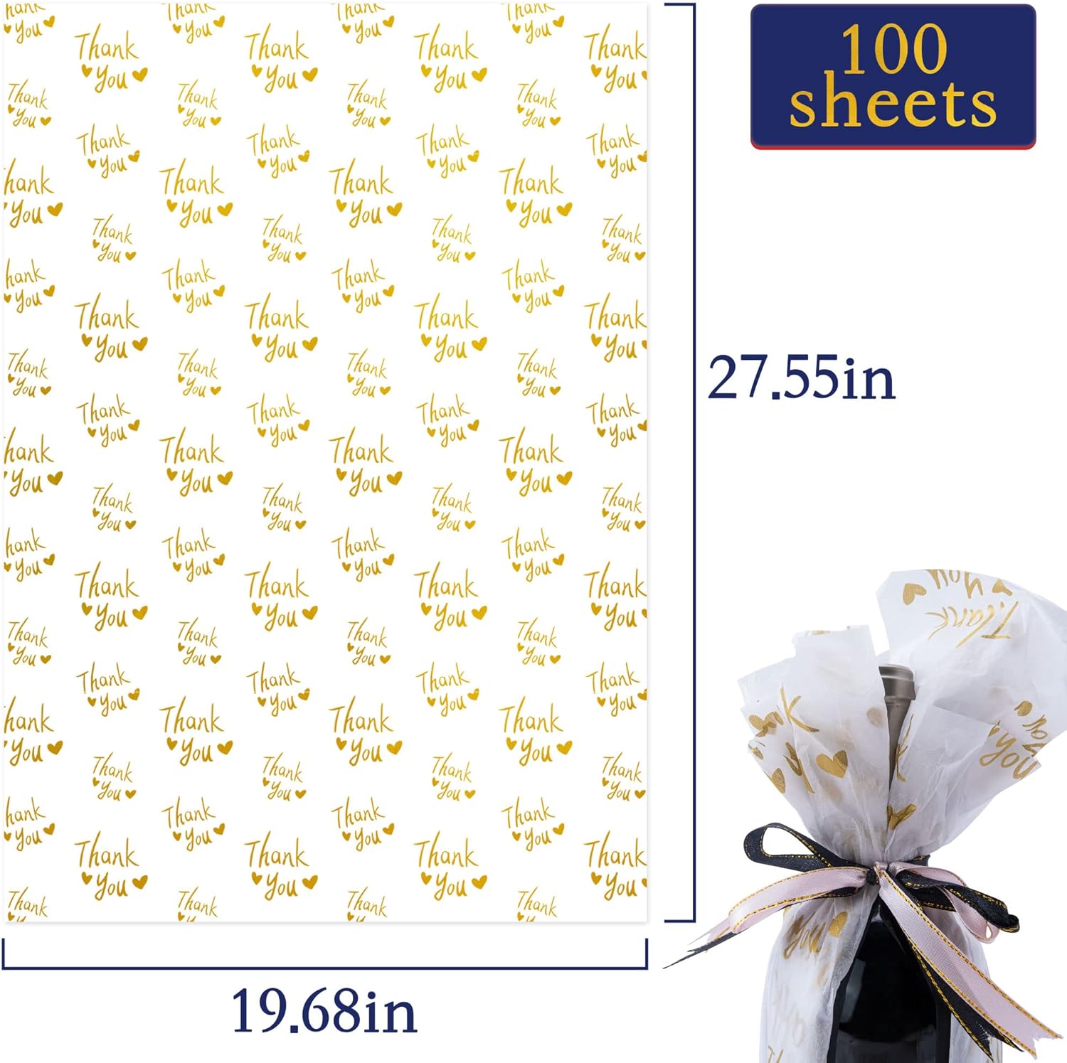 MR FIVE 100 Sheets 20" x 28" Large Gold Thank You Tissue Paper Bulk,Gold Thank You Tissue Paper for Packaging,Small Business,Tissue Paper for Mother's Day,Graduation,Birthday,Thanksgiving (White)