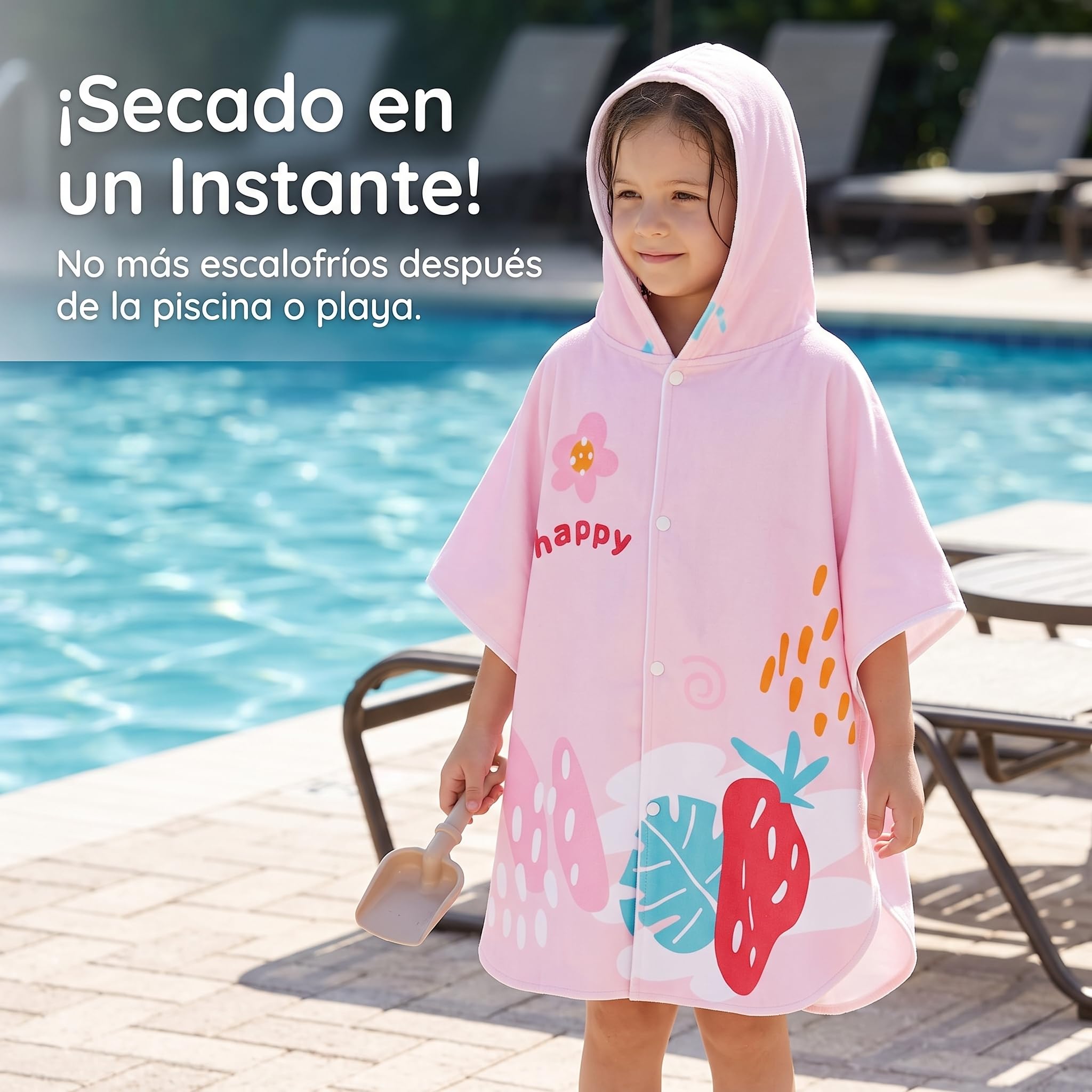 Badetuch mit Kapuze, Schnelltrocknend Strand für Mädchen und Jungen, Handtuch mit Kapuze, Erdbeerrosa, L-Größe【Geeignet für Körpergröße 115-150cm】