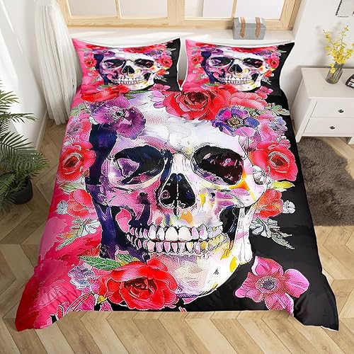 Miniatura 8 de Erosebridal Juego de ropa de cama con diseño de calavera de azúcar en 3D, diseño de calavera gótica, diseño floral y calaveras, suave y retro, para