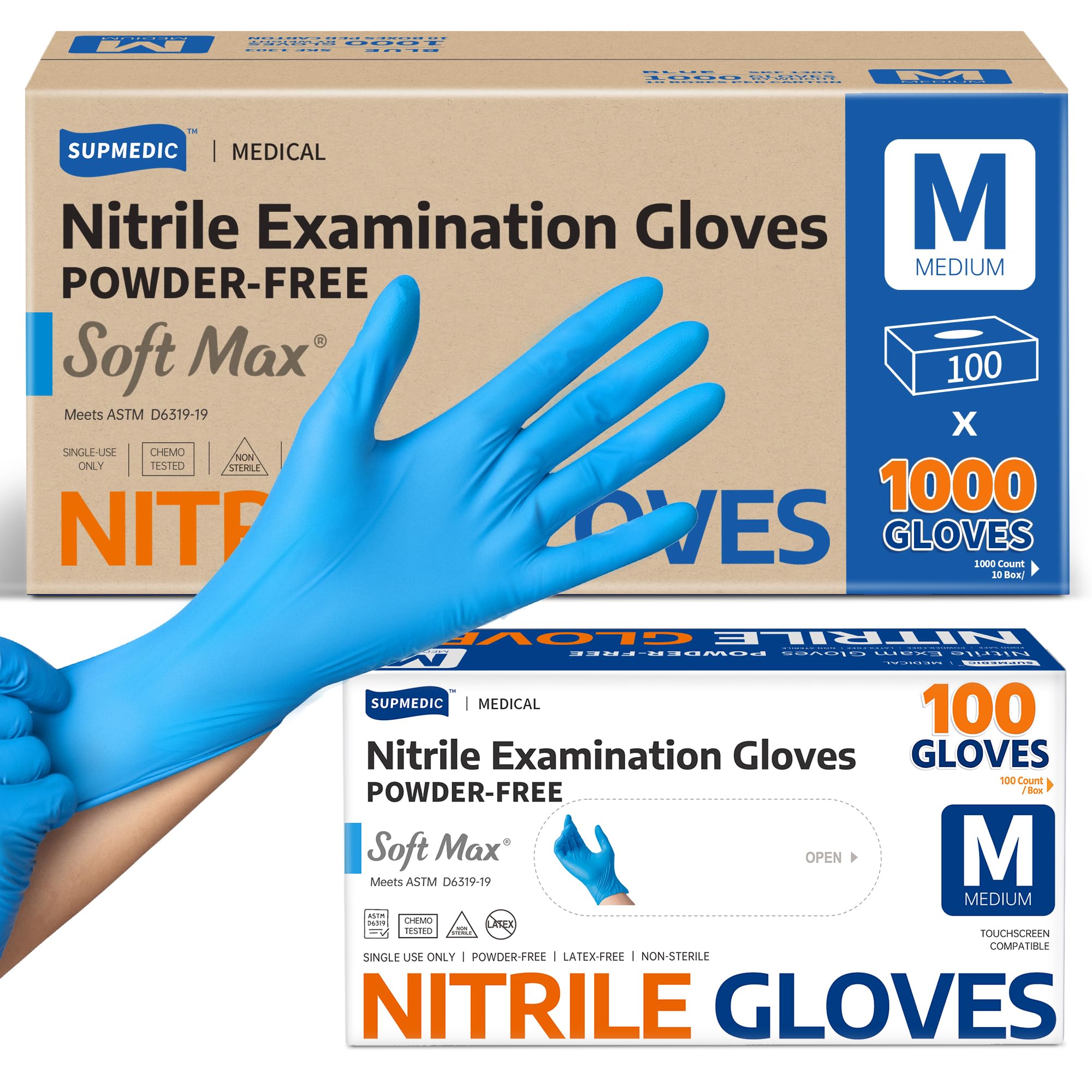 Supmedic Nitril-Untersuchungshandschuhe, 3,5 mm, medizinische Einweghandschuhe, puderfrei, latexfrei, Box mit 1000 Stück (Blau) (Medium)