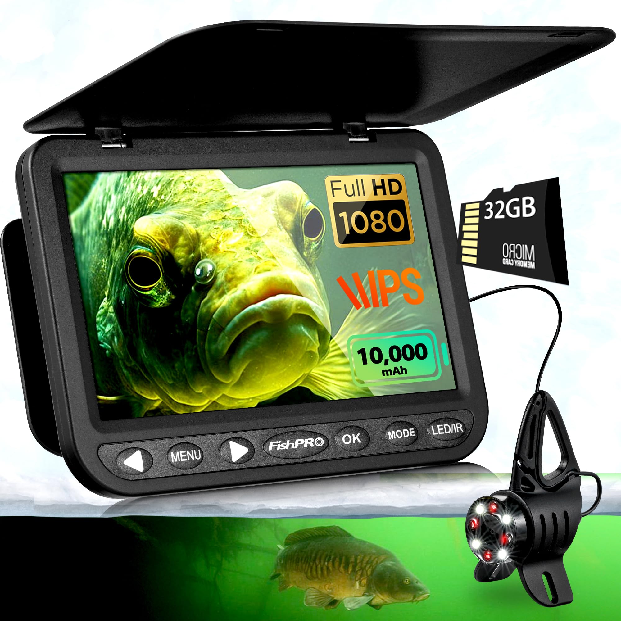 [FishPRO® 2026 Upgrade] NO.1 HD 1080P Underwater Fishing Camera 7'' IPS- DVR-32GB, w/10,000mAh(Ease To Use), Ice Fishing Camera Underwater, Fish Finder Camera for Boat Ice Lake Fish, USB-C/LED+IR/82ft