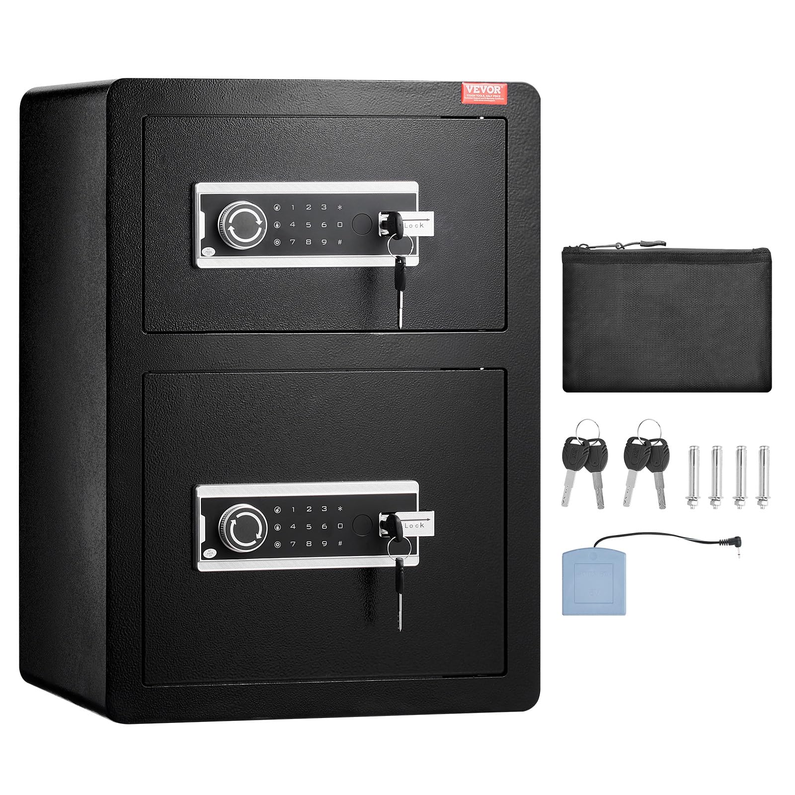 VEVOR Caja Fuerte de 99,1 L con Puertas Dobles, Cerradura con Llave y Contraseña, Bolsa Ignífuga, Estante para Llaves, Luz LED y 2 Divisores Ajustables y Extraíbles para Dinero, Documentos, Negro