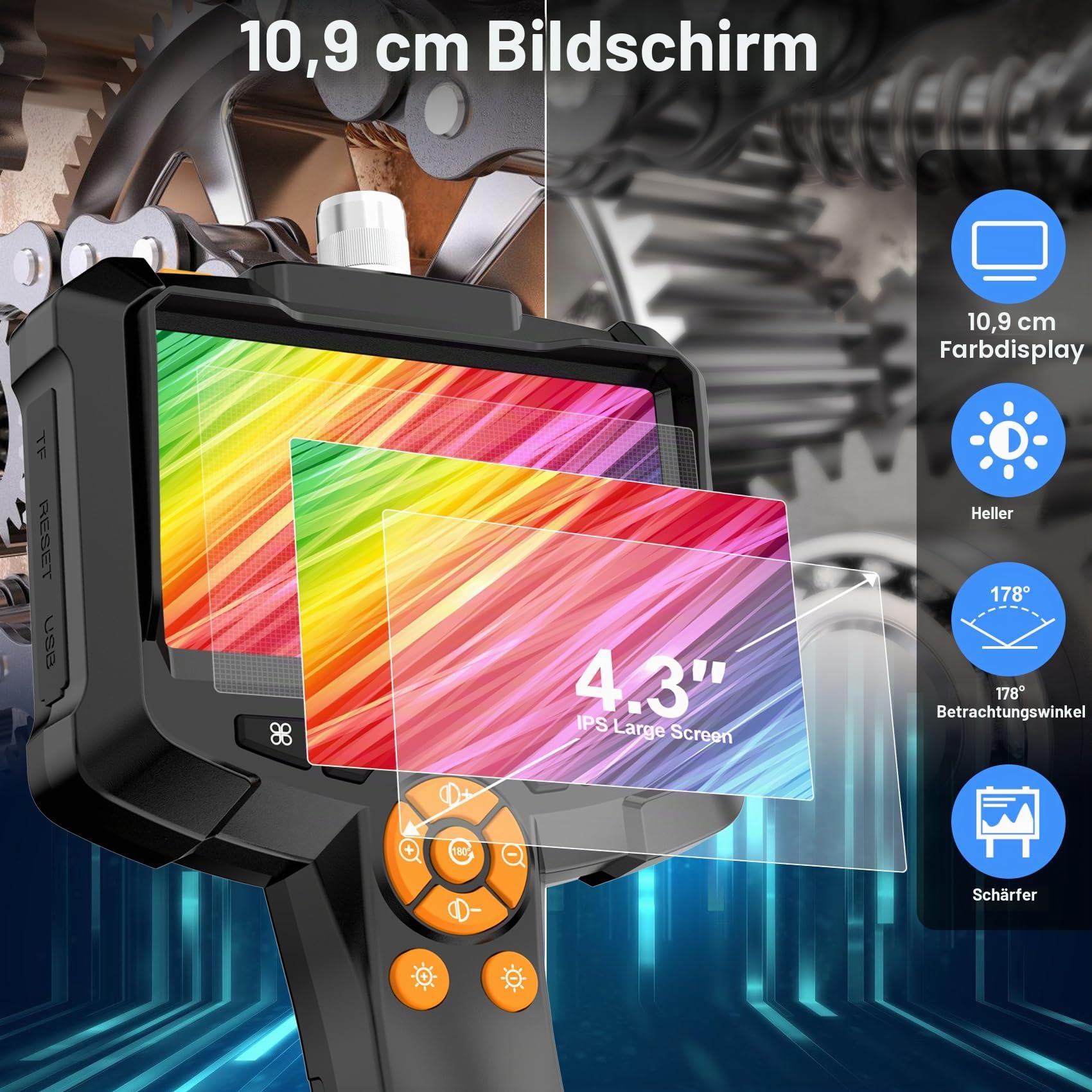 GlobalCrown Endoskopkamera mit Licht, 4,3'' IPS Bildschirm Rohrkamera IP67 wasserdicht Endoskop Inspektionskamera mit 8 einstellbaren LEDs und 5m Halbstarres Kabel