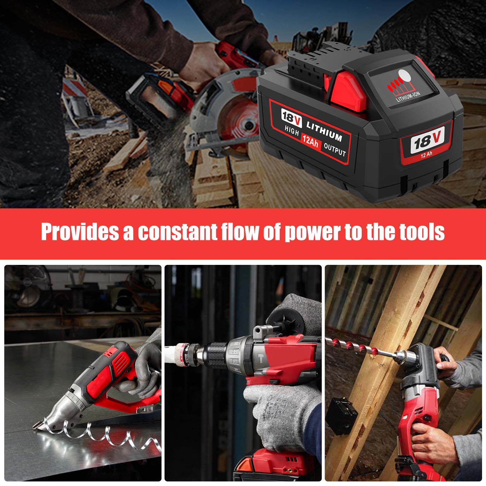 12.0Ah 48-11-1852 Replacement for Milwaukee 18V Battery, Compatible with Milwaukee 18 Volt Batteries 48-11-1862 48-11-1815 48-11-1890 48-11-1860 48-11-2230 (Multi-4pc)