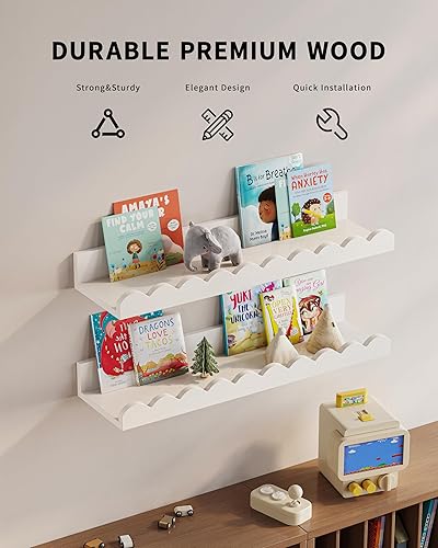 Miniatura 5 de G&W Gruwald Juego de 3 estantes para libros de guardería, decoración de guardería para bebés y niños pequeños, estantes festoneados, estante de