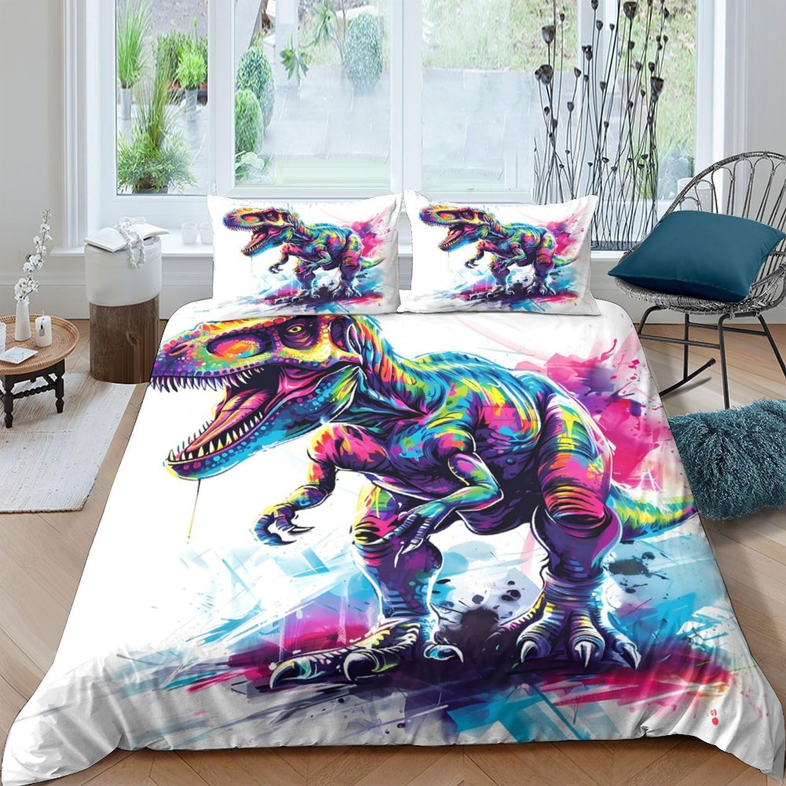 Ctjqhvkz Style-3 3D Printed Colorful Dinosaur Fitted Sheet Microfiber Soft Non-Slip Graffiti T-Rex Mattress Cover Bedroom Decor Single（135X200cm）