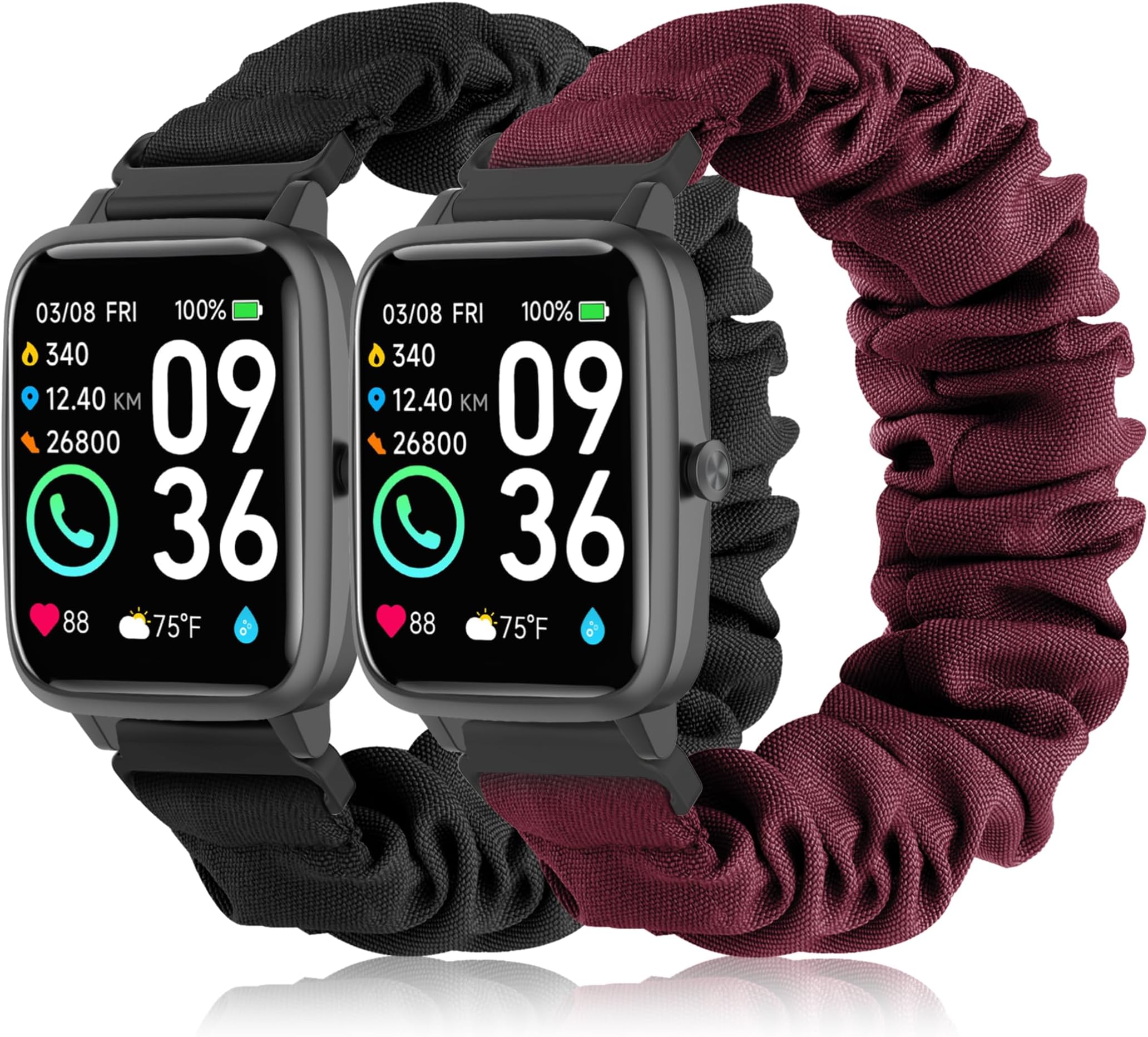 Farluya 2 Pack Fabric Scrunchie Elastic Watchbands Compatible with Veryfitpro ID205L Smartwatch,19mm Soft Cute Solo Loop Cloth Replacement Strap for ID205/205U/205S/205G/215G/216 Women