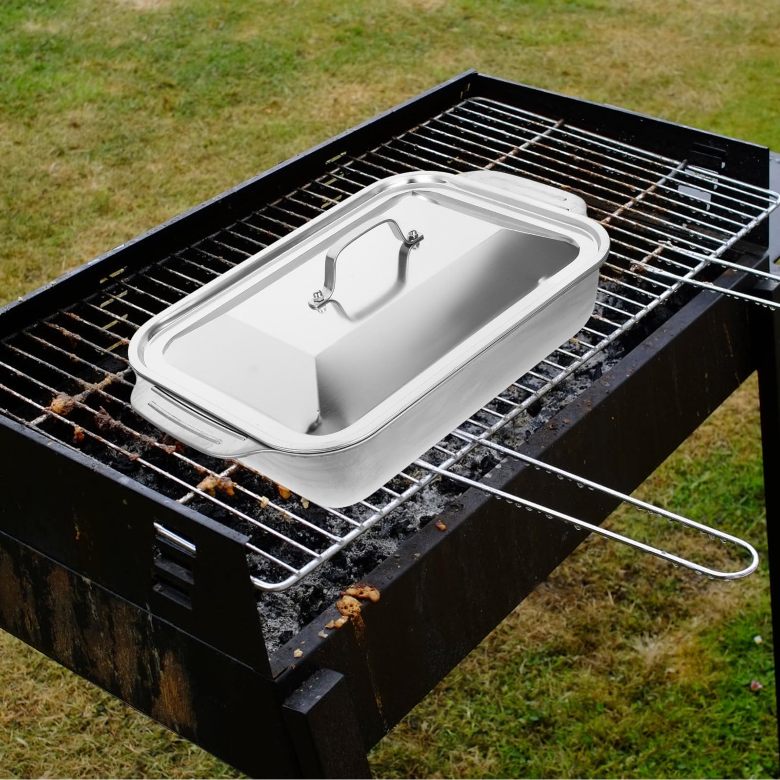Lasagnera con Coperchio in Acciaio Inox Rettangolare, Teglia da Forno Versatile con Bordi Alti per Cucina Domestica e Barbecue