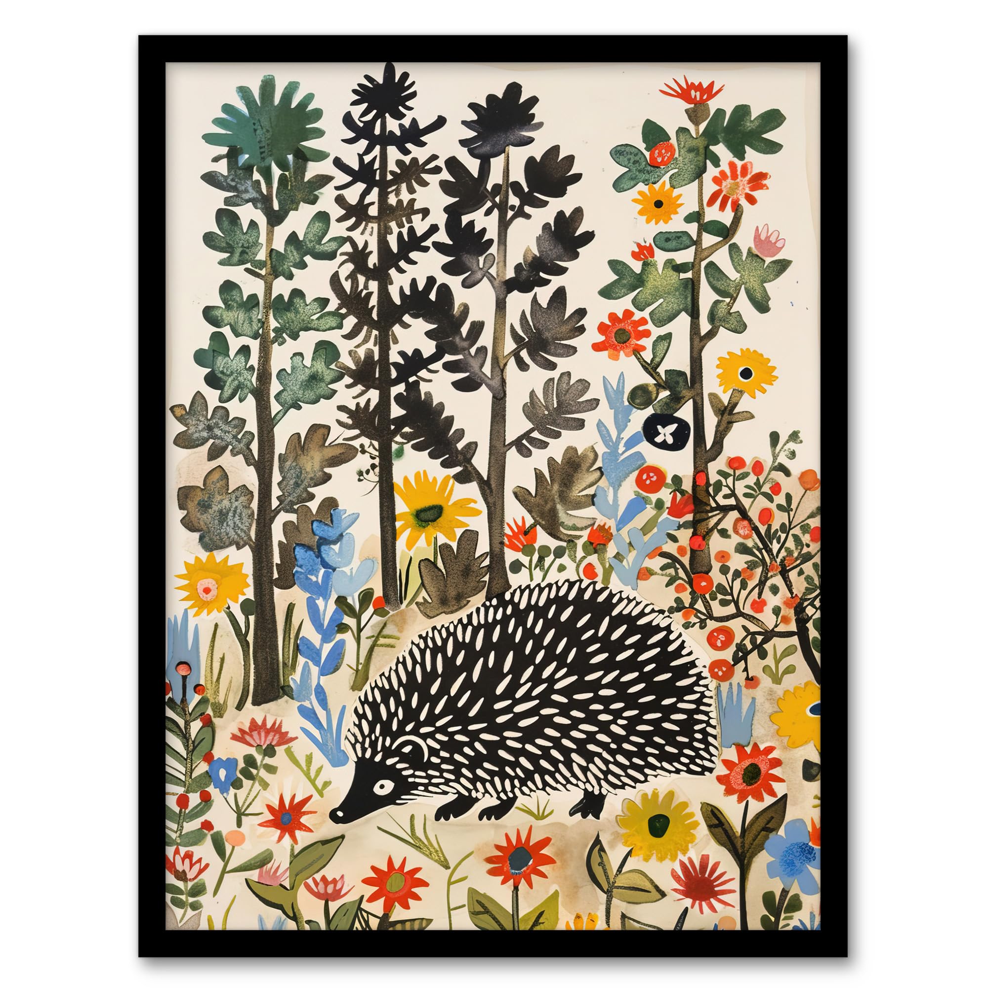 Artery8 Hedgehog in Forest Folk Art Painting Wildflowers Kids Bedroom Artwork Framed Wall Art Print 18X24 Inch