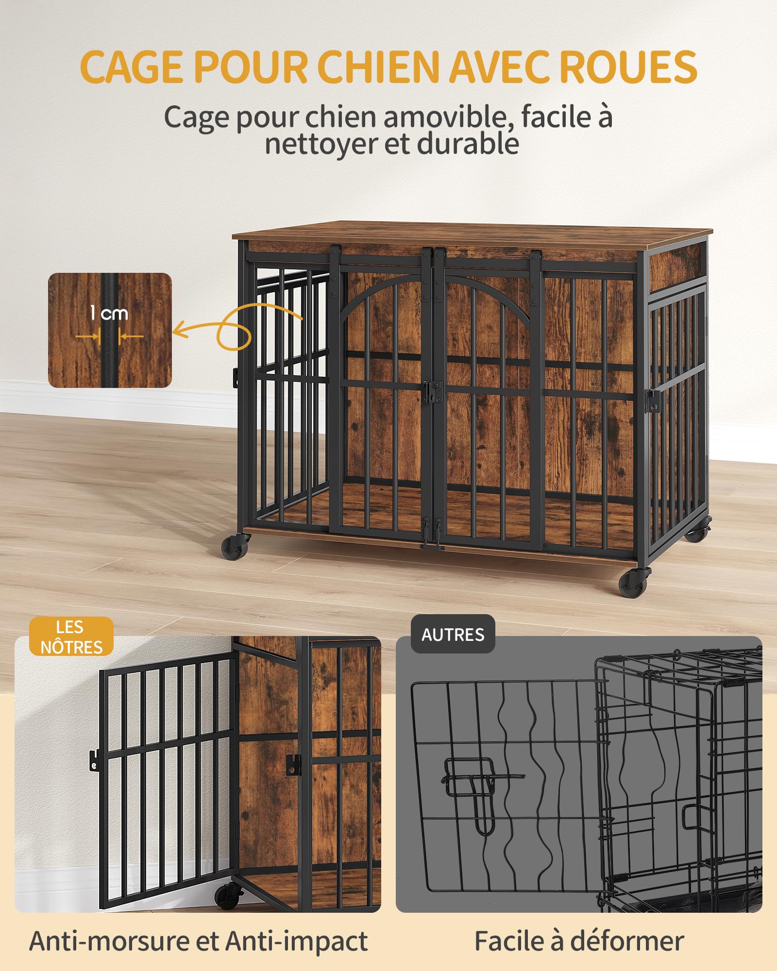 Hzuaneri Cage pour Chien avec roulettes Pivotantes à 360°, Caisse avec Porte Coulissante, Moderne en Bois pour Chiens de Petite et Moyenne Taille, pour Une Utilisation en Intérieur, Marron Rustique
