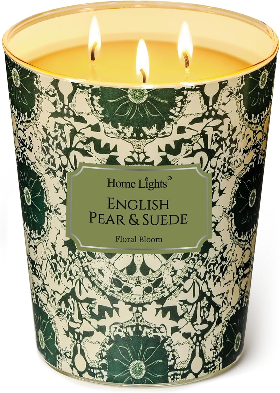 HomeLights Scented Candles | Large Jar 34 Oz Natural Soy Candle | 130 hrs Long-Lasting with 3 Wicks | Bohemian Natural for Home Decor | Gifts for Mom & Women, English Pear & Suede
