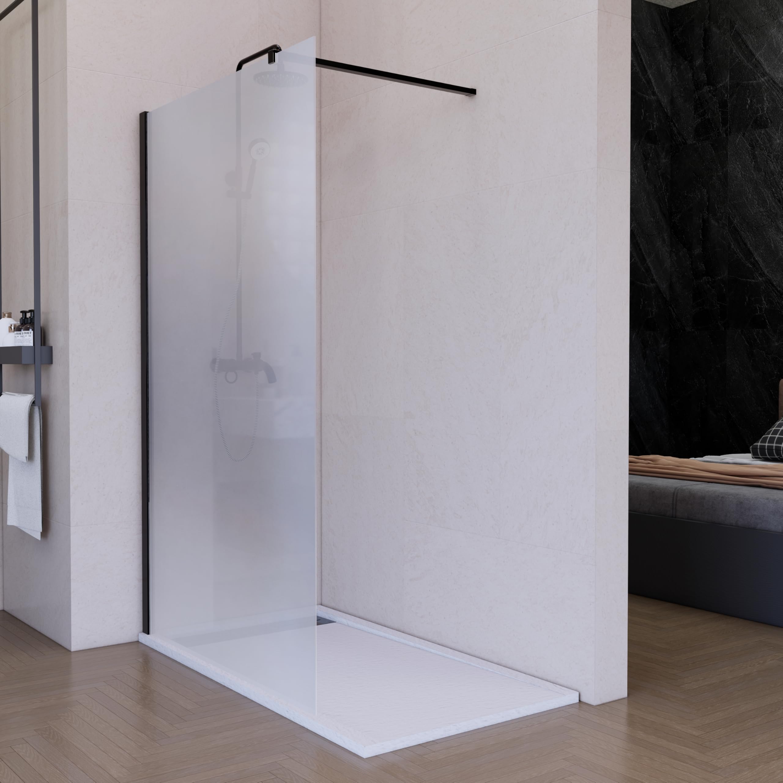 Mampara de Ducha Fija Negra 90 x 200 cm Vitrificada, Cristal Templado Translucida 8 mm con Antical, Panel Walk In Reversible para Baño Moderno
