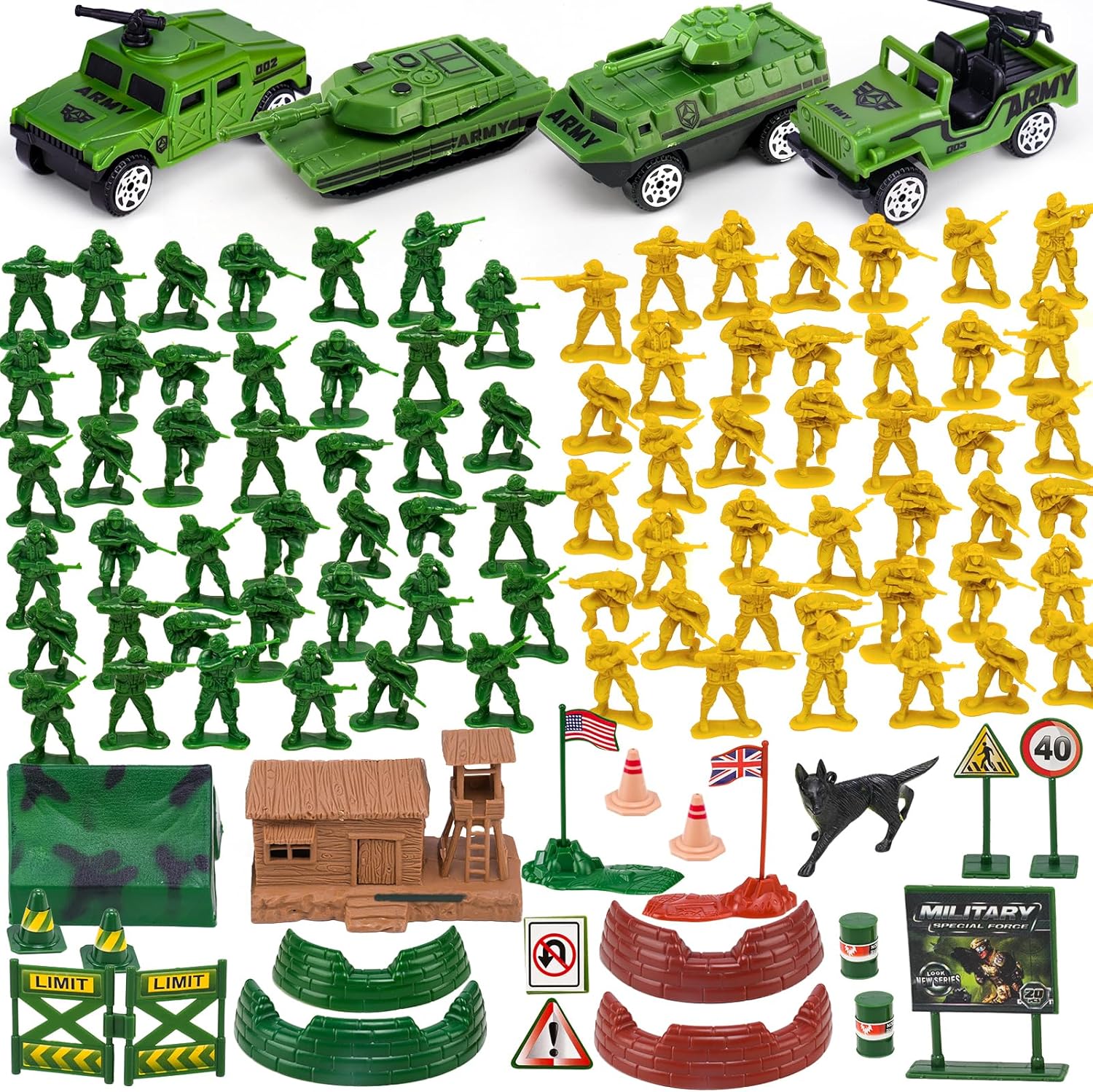 AuntyFey 105 PCS Army Men Playset with Army Men Action Figures, Army Men Soldiers Toys for Boys Kids Ages 4-8-12, Military Toys Set with Army Men Tank, Plane, Green Army Men, Army Guys, 4 Cars