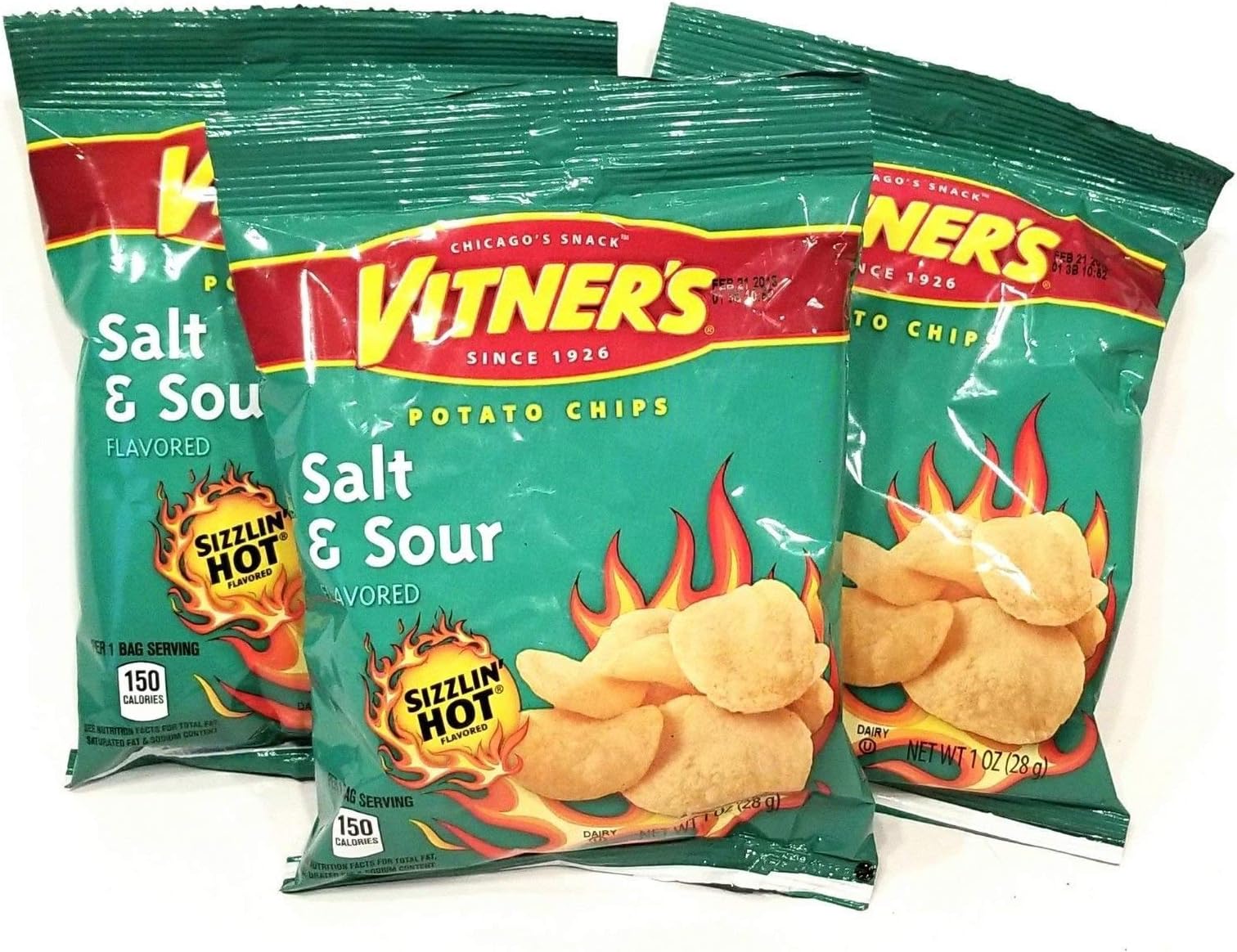 Vitners Sizzlin' Hot Salt & Sour Potato Chips A Chicago Original 10 Pack 1 oz Bags