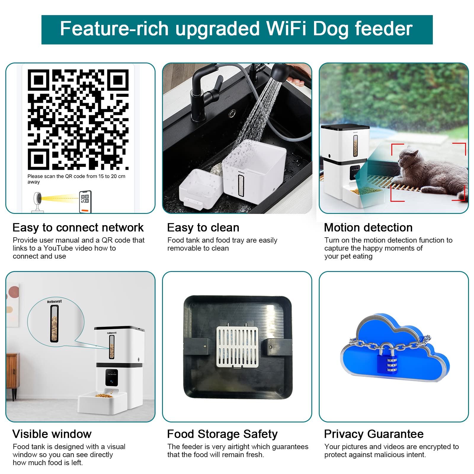 DoHonest Automatic Dog Feeder with Camera: 5G WiFi Easy Setup 8L Motion Detection Smart Cat Food Dispenser 1080P HD Video Recording 2-Way Audio Timed Pet Feeder App Control Night Vision S15