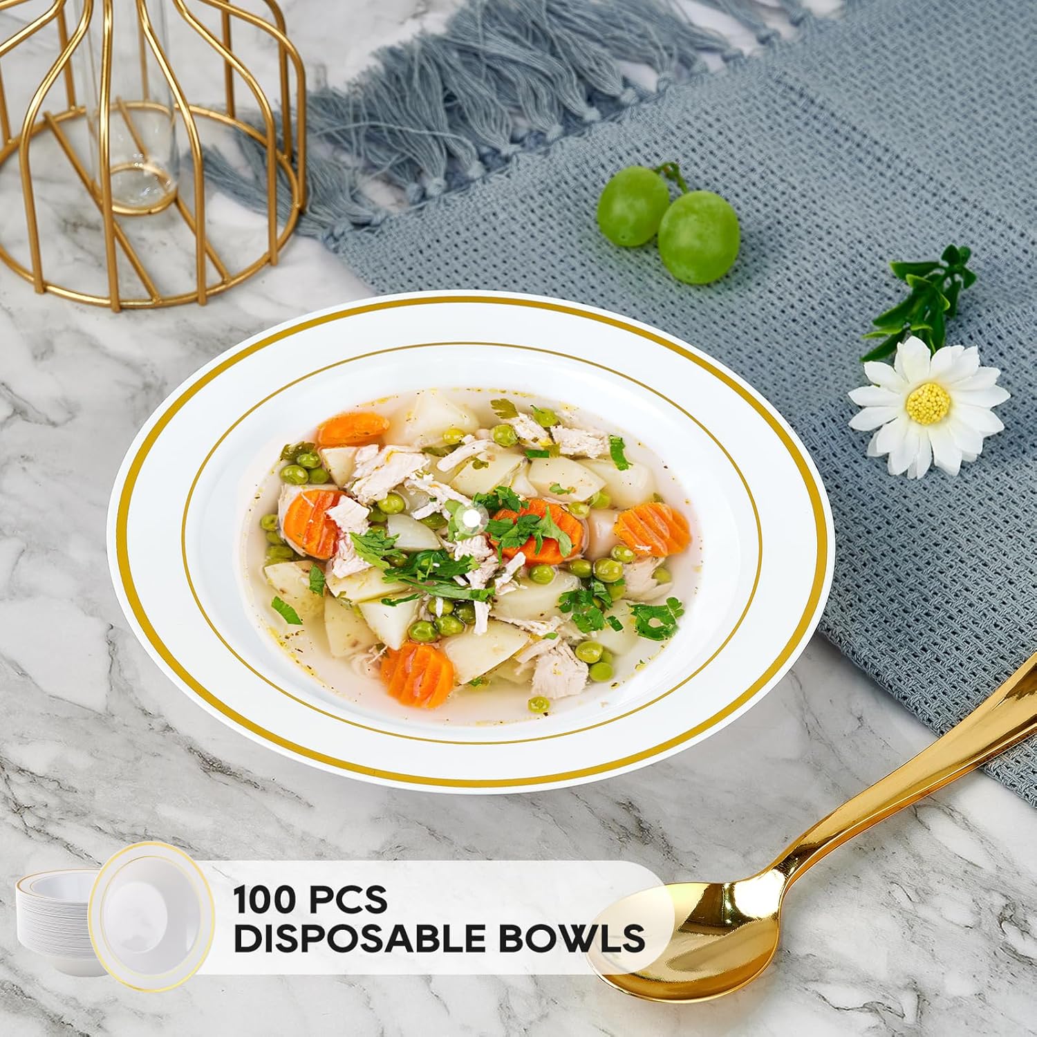 JOLLY PARTY 100PCS Plastic Bowls with Gold Rim-12oz disposable Soup Bowls, Christmas Thanksgiving Premium Dessert Salad Bowls for Wedding/Party