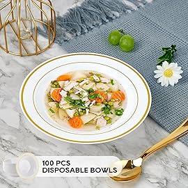 JOLLY PARTY 100PCS Plastic Bowls with Gold Rim-12oz disposable Soup Bowls, Christmas Thanksgiving Premium Dessert Salad Bowls for Wedding/Party