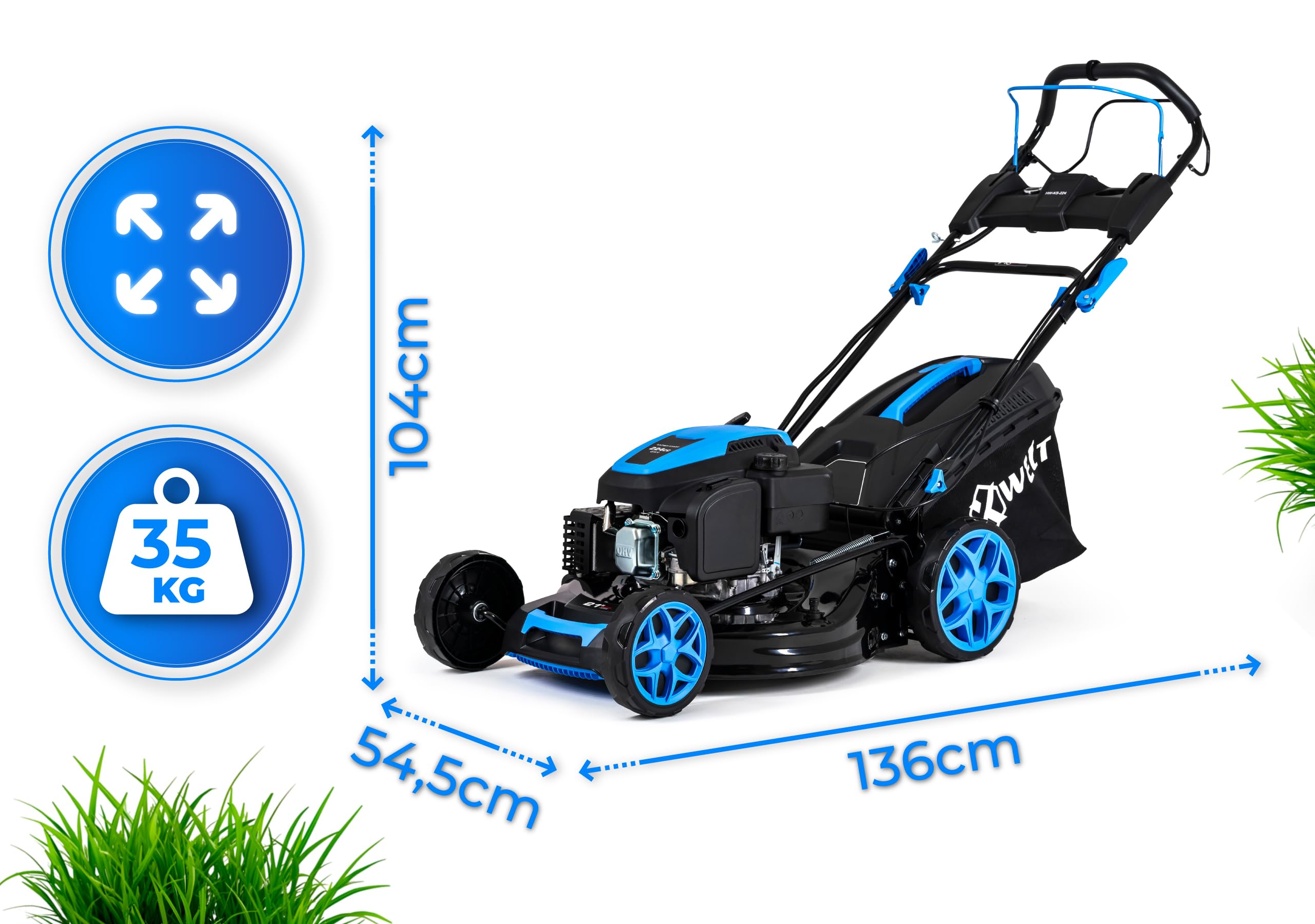 Hexwelt HW-KS-224 - Cortacésped de gasolina con autotracción, arranque eléctrico, motor Ducar OHV de 224 cm³, ancho de corte de 53 cm, bandeja de recogida de 60 L, función mulching, eyección latada