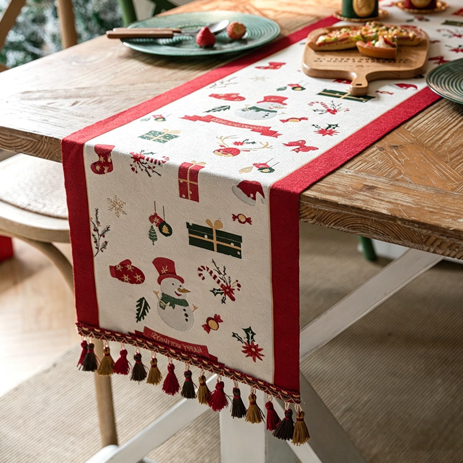 Vintage Floral Tablecloth,Woven Plaid Table Runner,Two-tone Tassels,Suitable for Dining Tables, Sideboards, and Farmhouse-style Home Decor.(White,L300cm/118.1in)