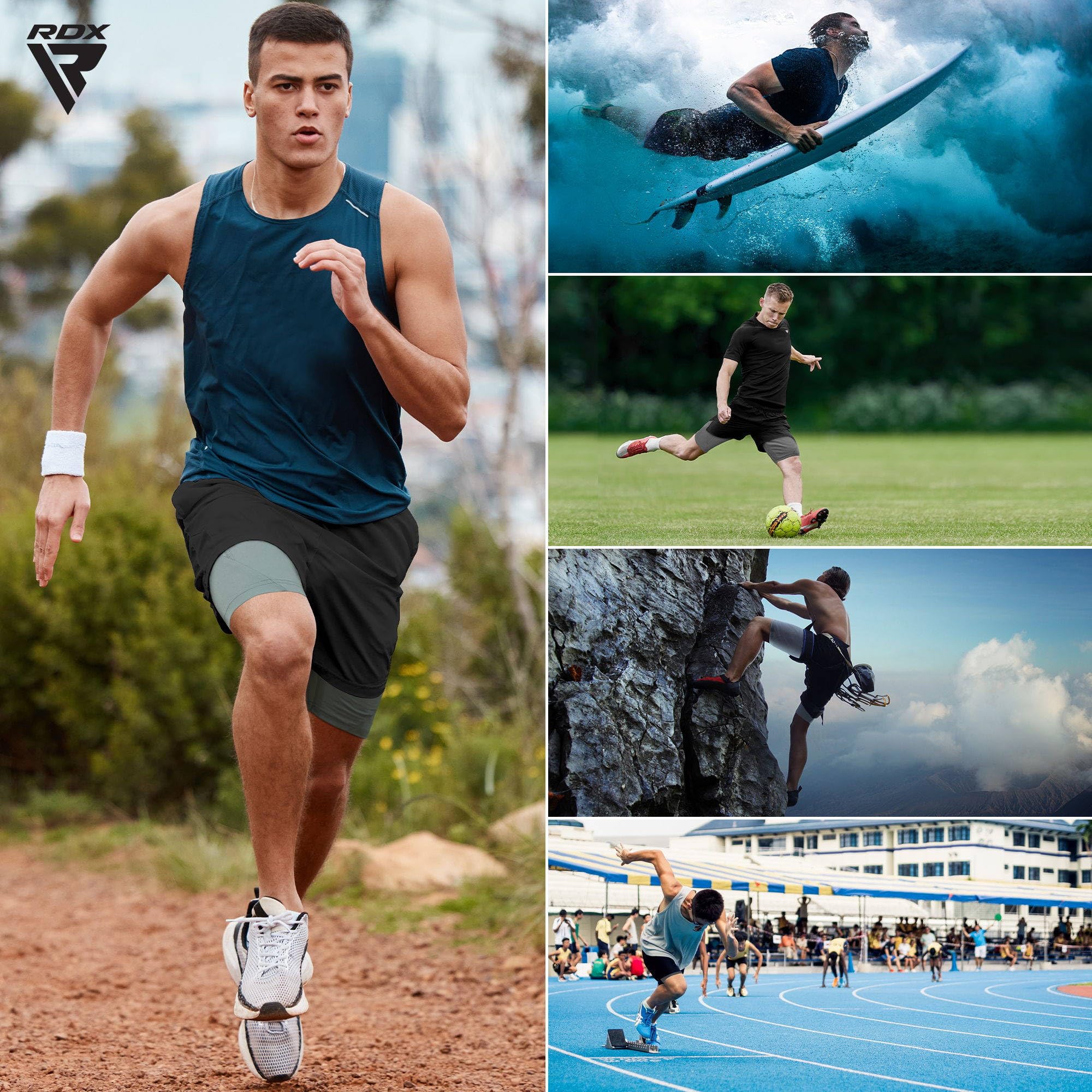 RDX Laufhose Herren kurz, 2 in 1 Running Kompressions Shorts, Trainingsshorts mit 2 Zipper und 2 Telefon Tasches, Laufshorts Am Besten für Sports Fitness Workout Joggen Schwimmen Gym Radfahren Yoga