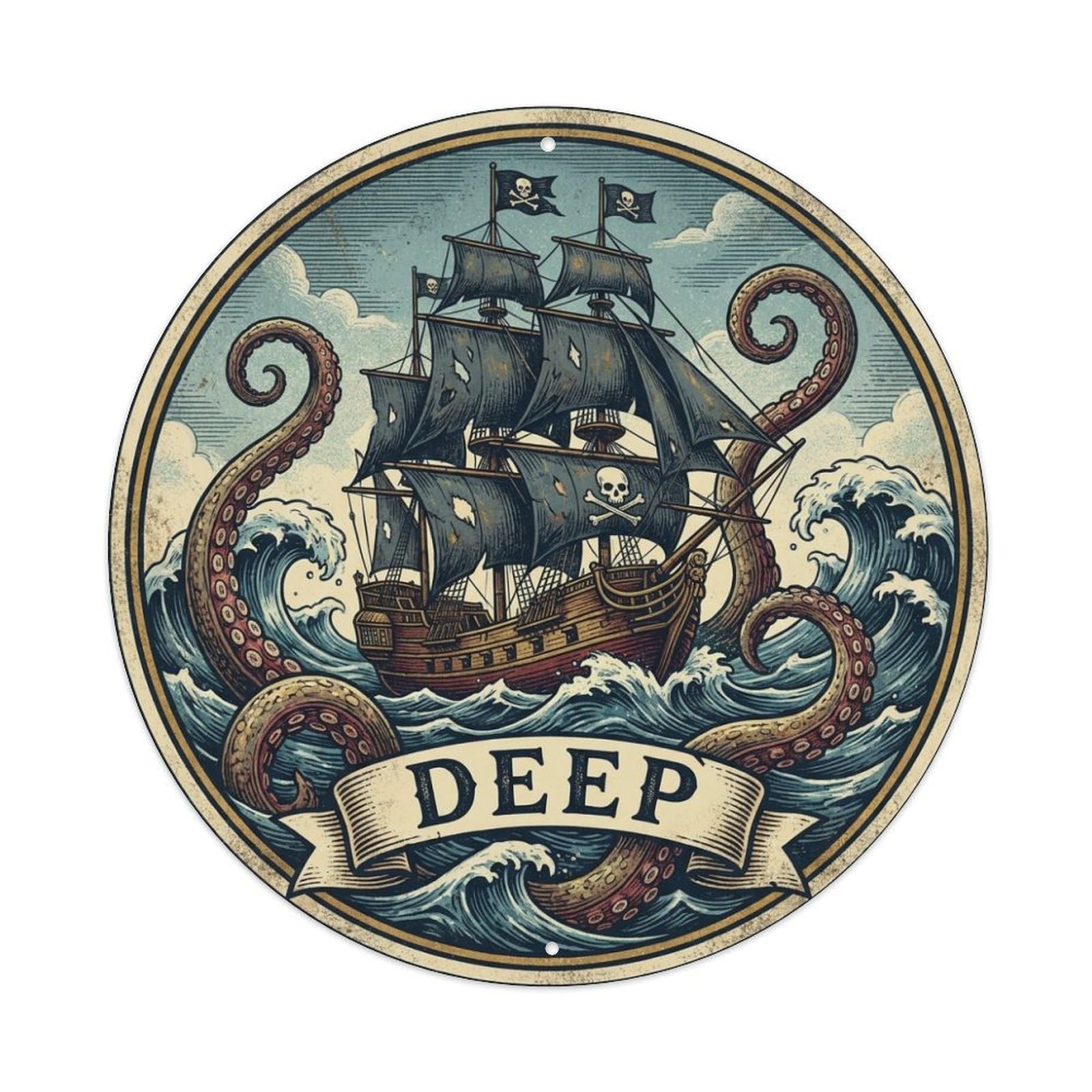 Deep Pirate Ship Octopus Waves Kraken Voyage Metal Tin Sign