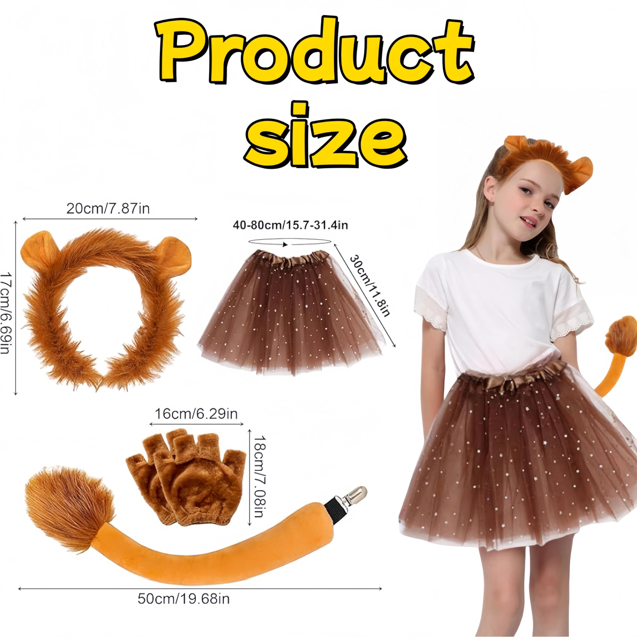 Set di costumi da leone: kit da 4 pezzi con orecchie da leone, guanti, coda e gonna tutù, perfetto per bambini e adulti, cosplay, Halloween, compleanno, carnevale, spettacoli teatrali