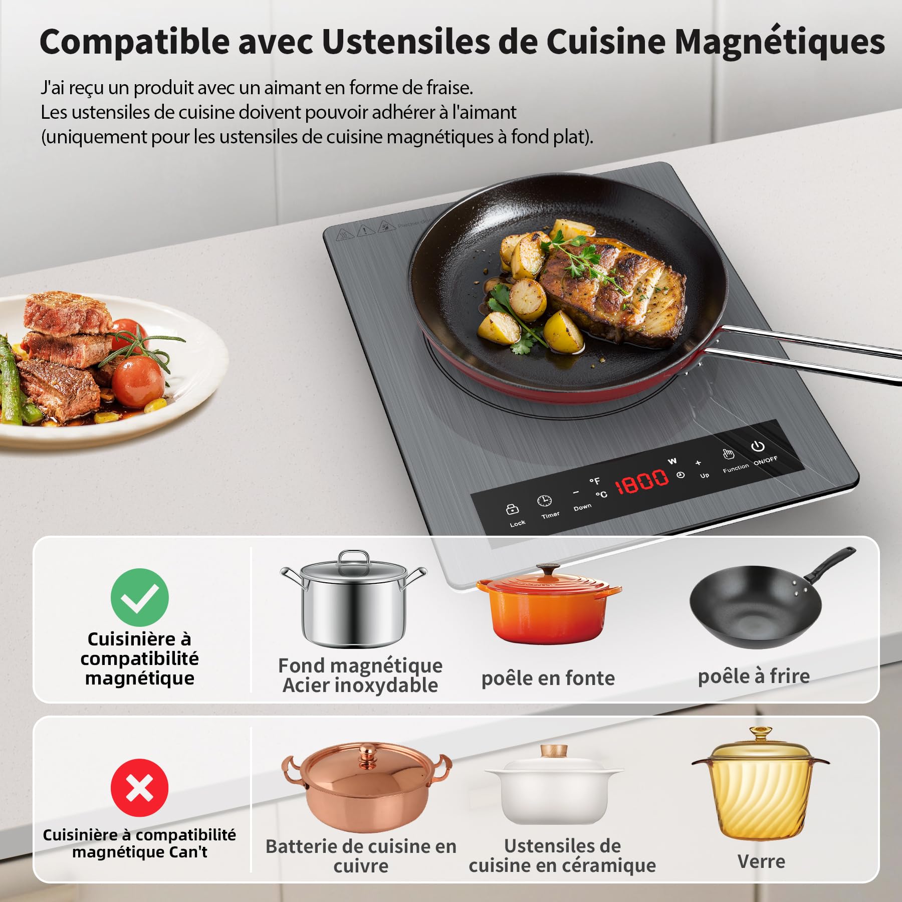 VBGK Tables de Cuisson, 1800W Plaque de Cuisson Electrique, plaque Induction Portable avec Contrôle Tactile, 10 Niveaux de Température, Verrouillage de Sécurité, Minuterie, Plaque à Induction Portable