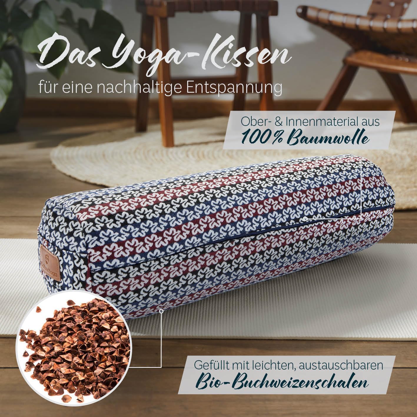 #DoYourYoga Zylinder Yogabolster | 68cm x 22cm | Gefüllt mit Bio-Dinkelspelz oder Bio-Buchweizenschalen (KBA) | Waschbarer Bezug | Yogakissen & Meditationssitz | Zafukissen für Yin Yoga