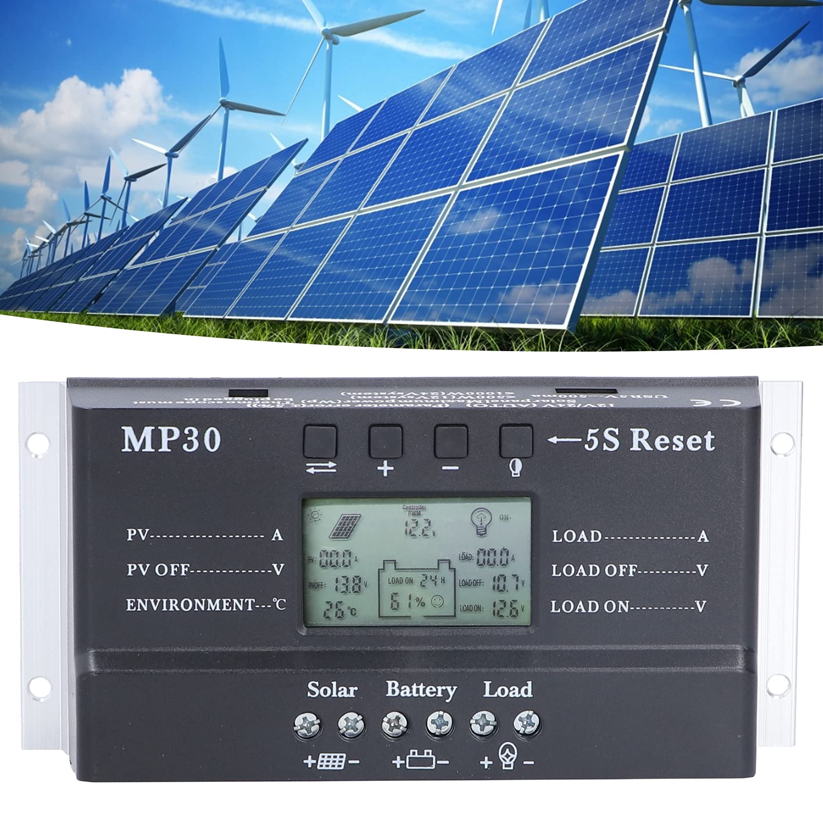 Kontroler ładowania słonecznego 30A 12/24V podświetlenie wyświetlacza LCD ochrona obwodu Port USB MPPT PWM regulator baterii