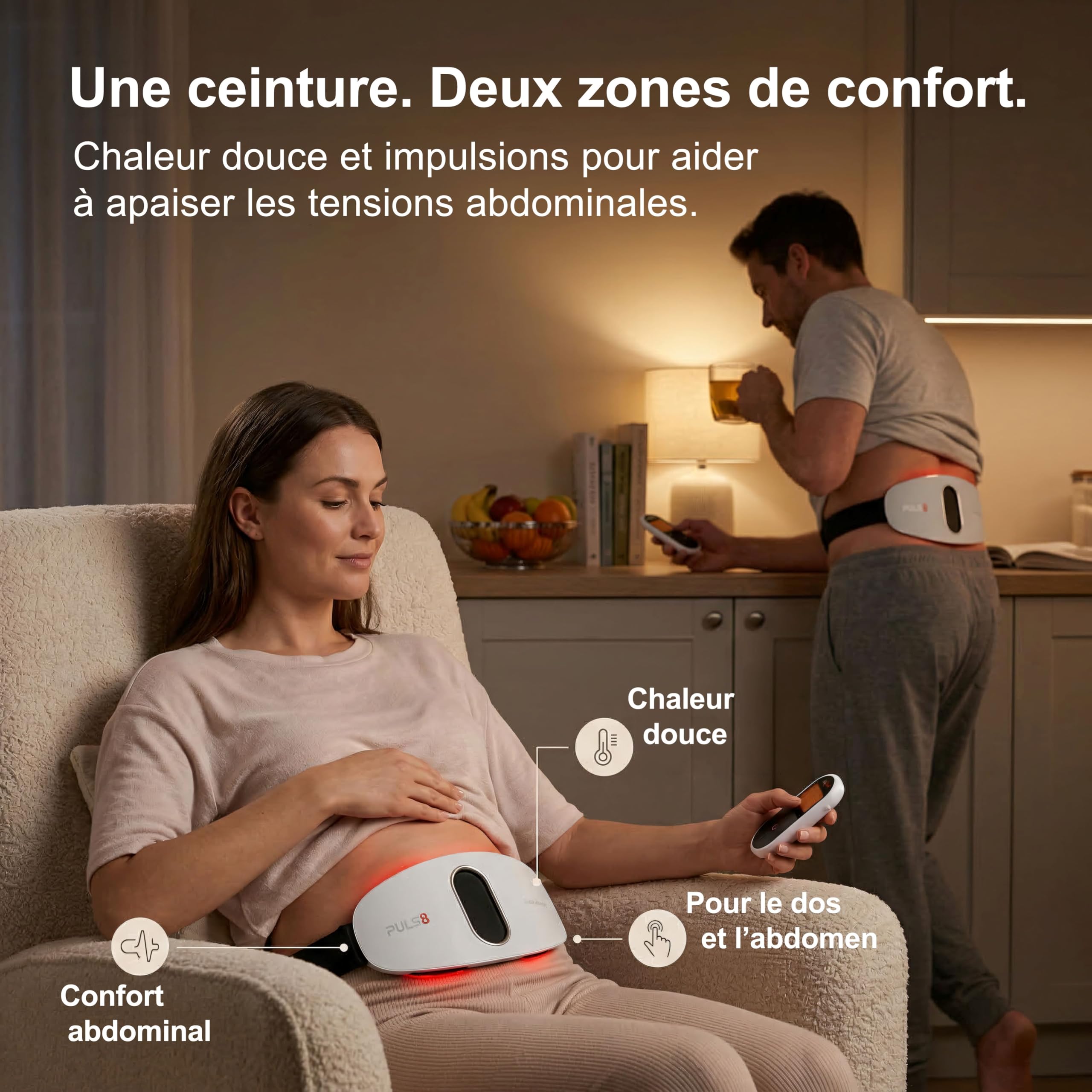 MEDiBrace PULS8 Ceinture chauffante de massage par impulsions pour le bas du dos et l’abdomen, rechargeable USB-C, sans fil, lumière rouge (LED) (PULS8 Complete (inclut l’adaptateur secteur USB))