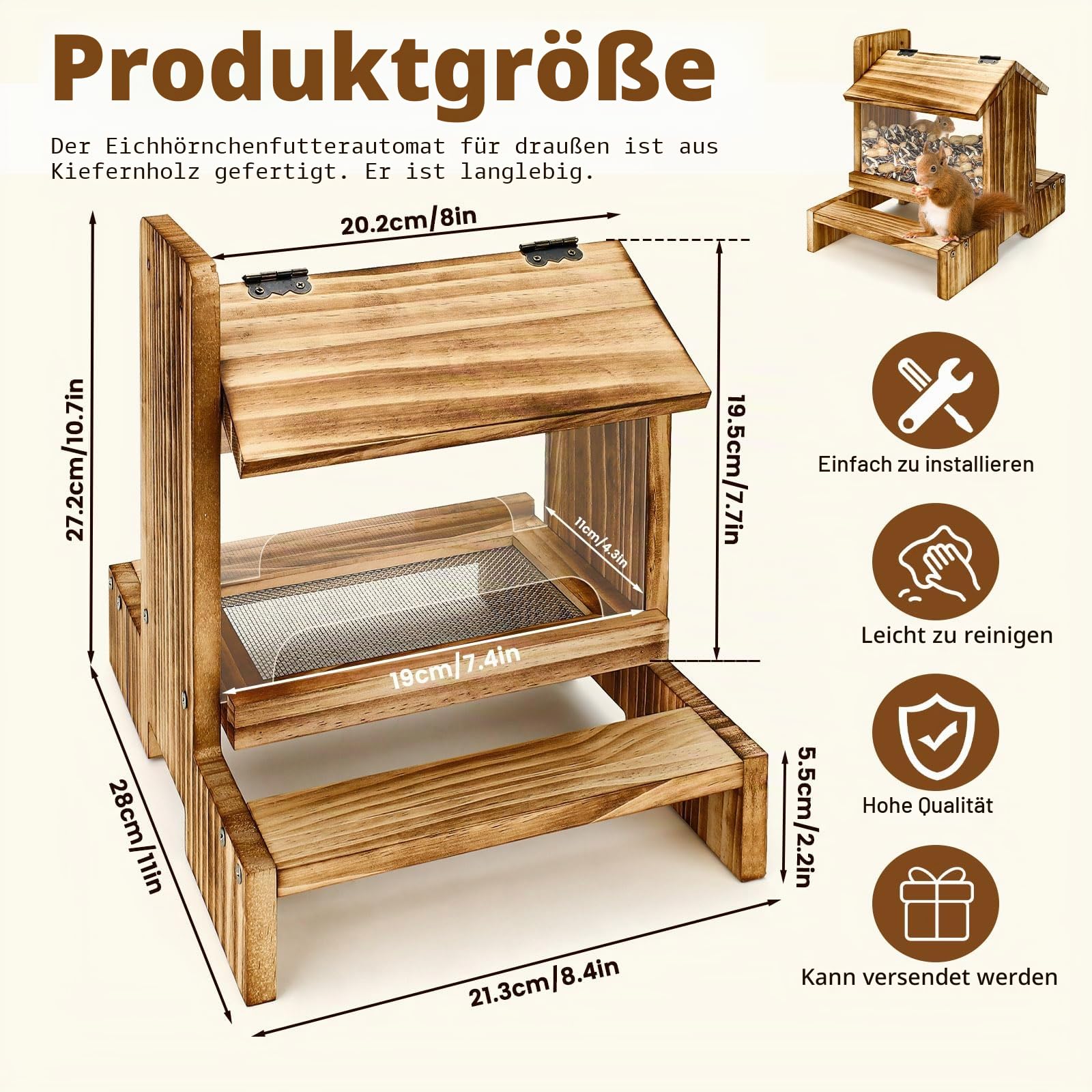 Holz Eichhörnchen Picknick Tisch Futterspender Eichhörnchen Futterspender für Draußen, Eichhörnchenhäuser für draußen Nisten, Eichhörnchen Box Streifenhörnchen Haus (1)
