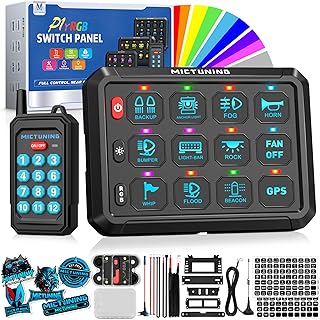 MICTUNING P1Y RGB 12 Gang Switch Panel with Remote Control, Multifunction Toggle Momentary Strobe Pulsed Switch Pod Backli...