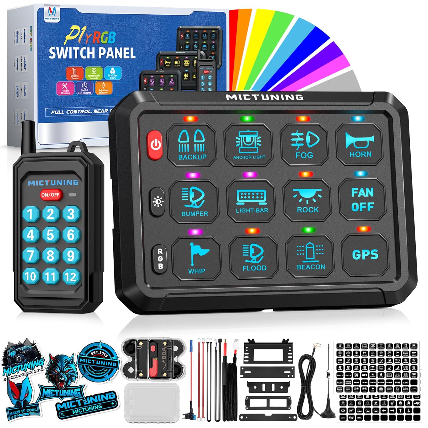 MICTUNING P1Y RGB 12 Gang Switch Panel Remote Control Range Up to 230FT, Multifunction Toggle Momentary Strobe Pulsed Switch Pod BacklitOff 6 Level Brightness Silicone Cover Circuit System Box for Car