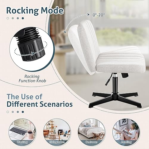 Miniatura 6 de Shahoo Silla de patas cruzadas con otomana, giratoria sin brazos, ancha, acolchada, moderna, altura ajustable, tela para oficina en casa, color beige