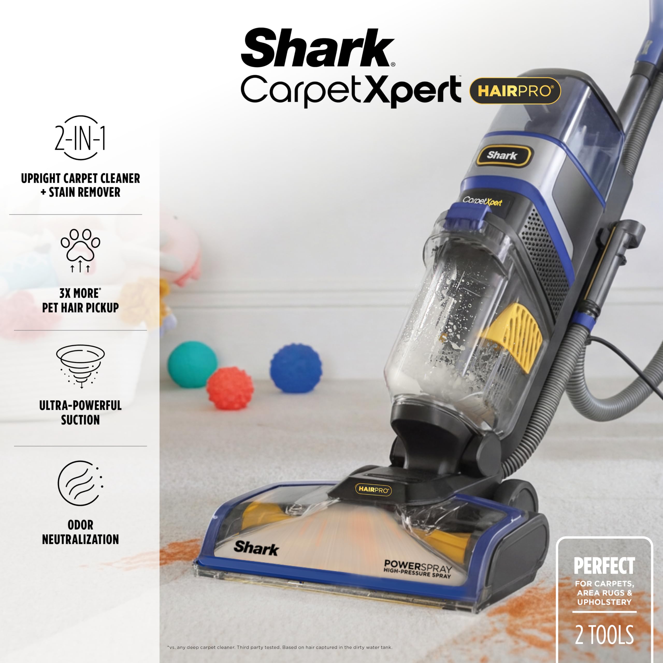 Shark CarpetXpert HairPro - Limpiador vertical integrado para alfombras y tapicería, perfecto para mascotas, limpieza profunda, removedor de manchas y olores, recogida de pelo, champú de alfombras,
